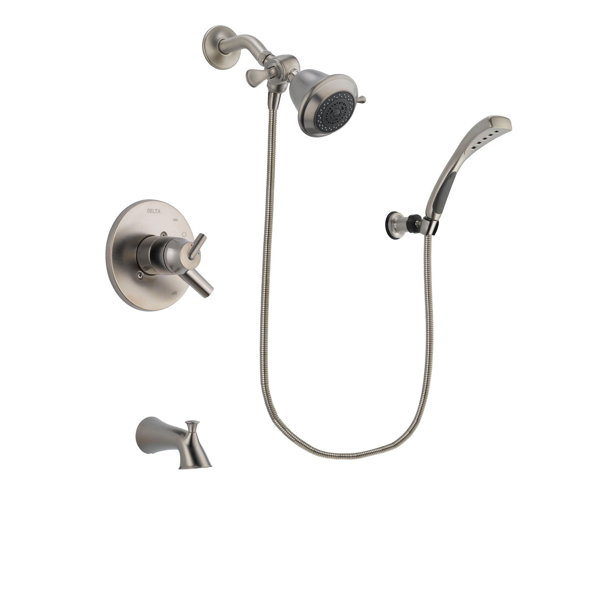 Delta Trinsic Stainless Steel Finish Dual Control Tub and Shower Faucet System Package with Shower Head and Wall Mounted Handshower Includes Rough-in Valve and Tub Spout DSP1807V