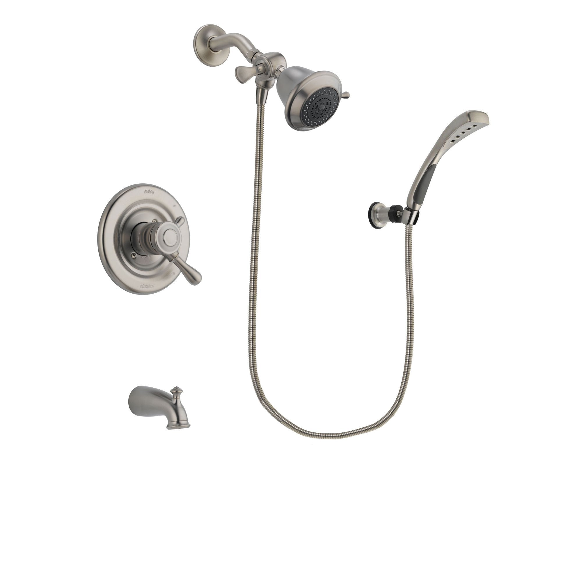 Delta Leland Stainless Steel Finish Dual Control Tub and Shower Faucet System Package with Shower Head and Wall Mounted Handshower Includes Rough-in Valve and Tub Spout DSP1811V