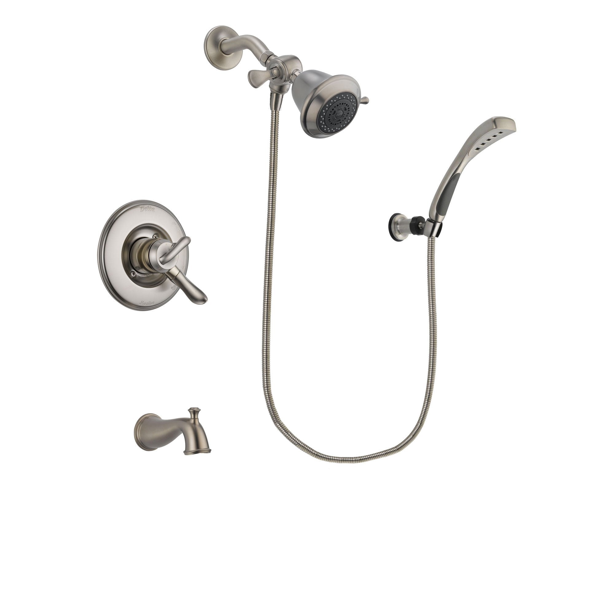 Delta Linden Stainless Steel Finish Dual Control Tub and Shower Faucet System Package with Shower Head and Wall Mounted Handshower Includes Rough-in Valve and Tub Spout DSP1815V
