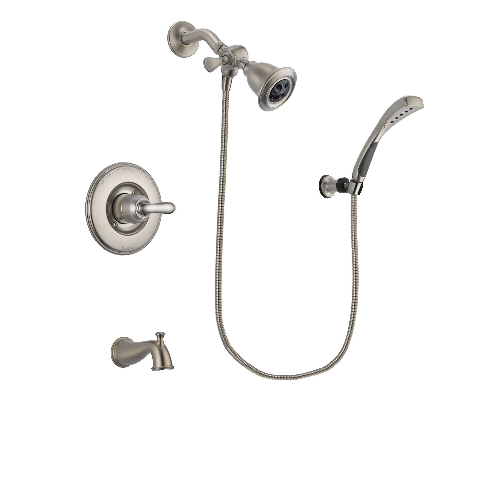 Delta Linden Stainless Steel Finish Tub and Shower Faucet System Package with Water Efficient Showerhead and Wall Mounted Handshower Includes Rough-in Valve and Tub Spout DSP1837V