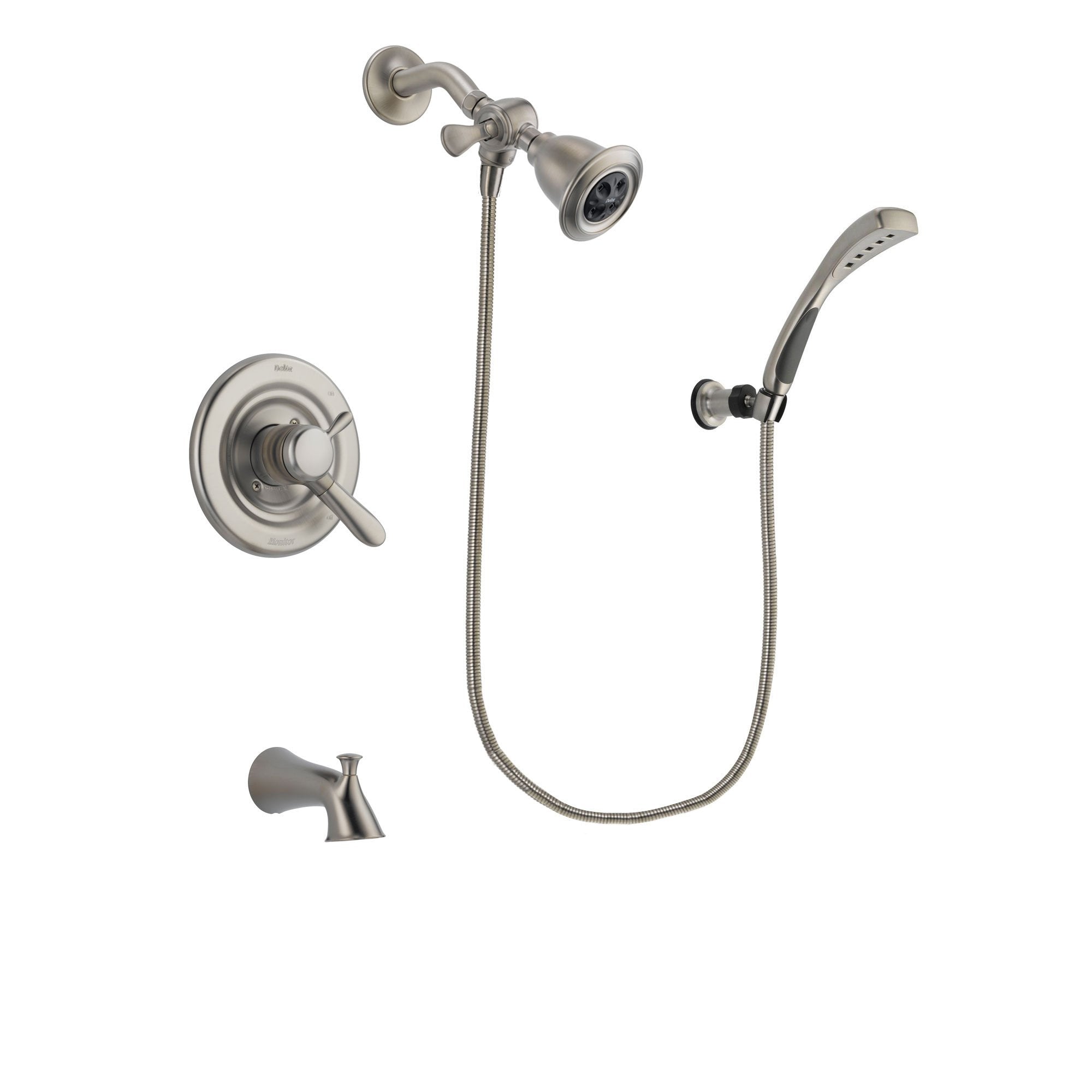 Delta Lahara Stainless Steel Finish Dual Control Tub and Shower Faucet System Package with Water Efficient Showerhead and Wall Mounted Handshower Includes Rough-in Valve and Tub Spout DSP1839V