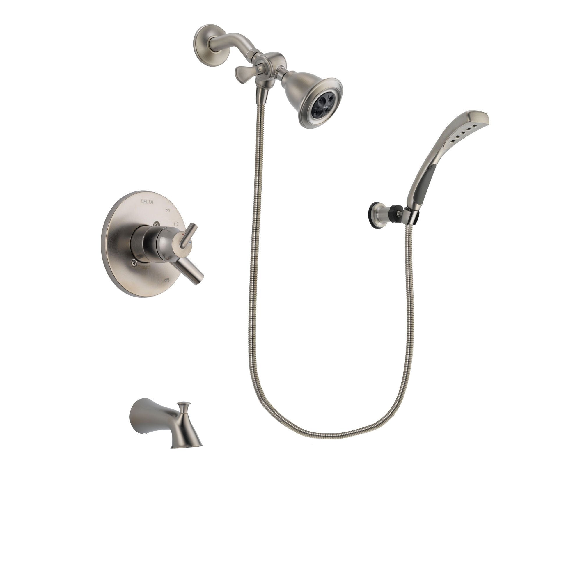 Delta Trinsic Stainless Steel Finish Dual Control Tub and Shower Faucet System Package with Water Efficient Showerhead and Wall Mounted Handshower Includes Rough-in Valve and Tub Spout DSP1841V