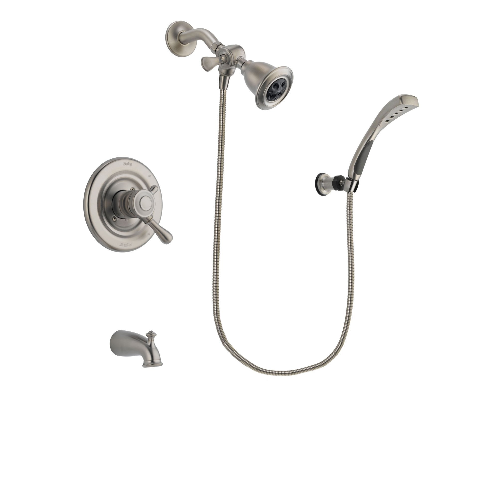 Delta Leland Stainless Steel Finish Dual Control Tub and Shower Faucet System Package with Water Efficient Showerhead and Wall Mounted Handshower Includes Rough-in Valve and Tub Spout DSP1845V
