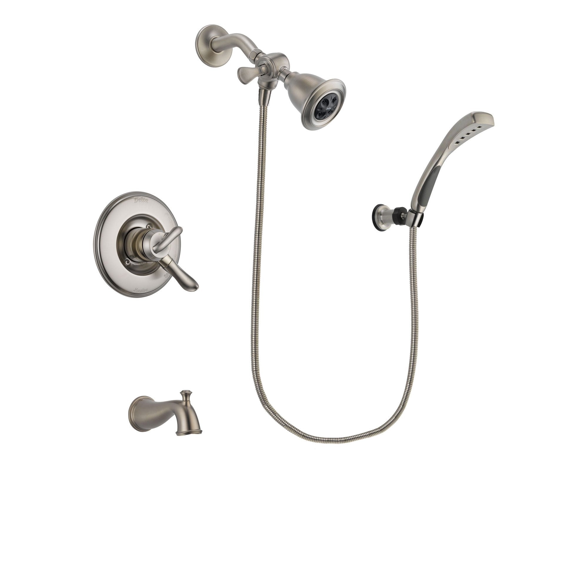 Delta Linden Stainless Steel Finish Dual Control Tub and Shower Faucet System Package with Water Efficient Showerhead and Wall Mounted Handshower Includes Rough-in Valve and Tub Spout DSP1849V