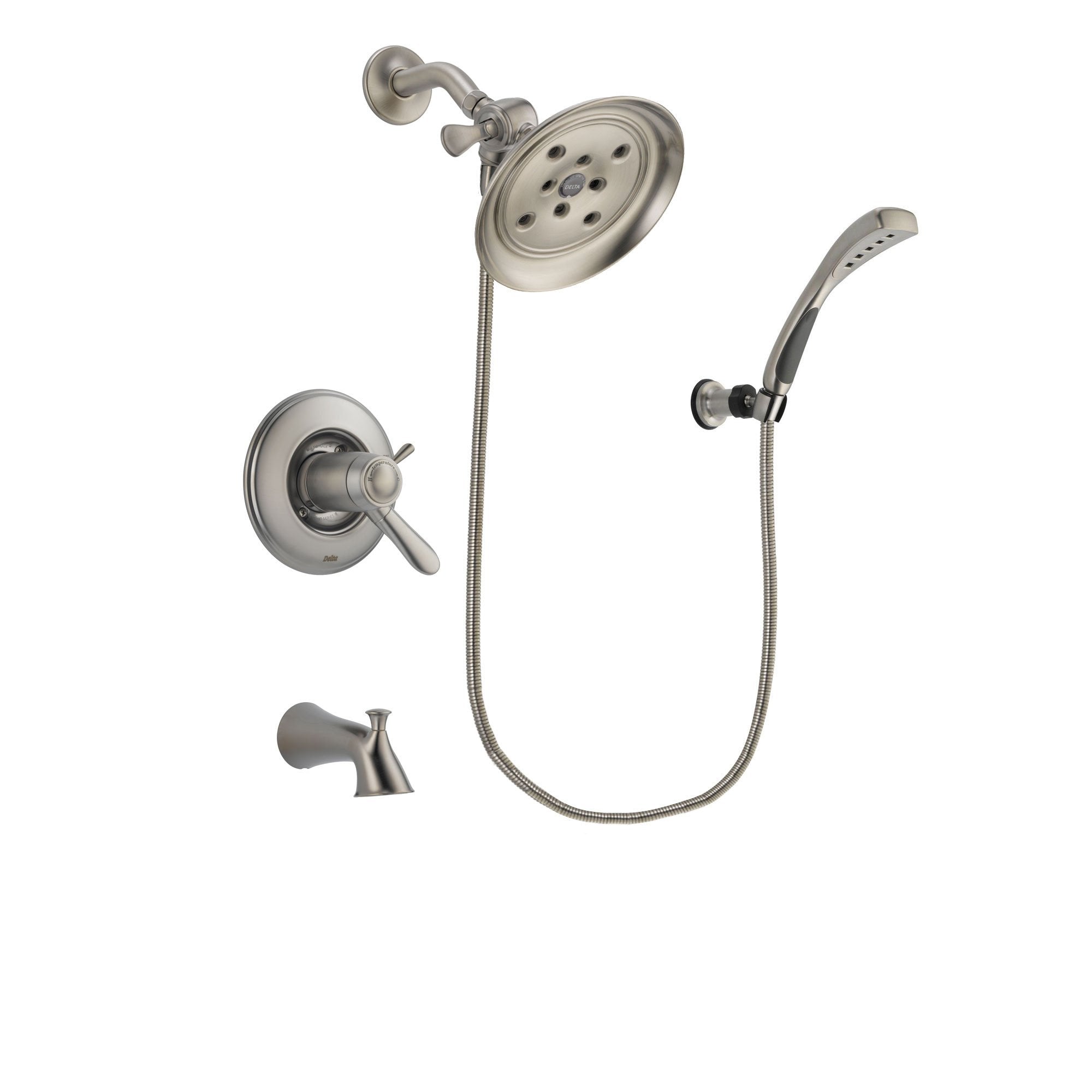 Delta Lahara Stainless Steel Finish Thermostatic Tub and Shower Faucet System Package with Large Rain Showerhead and Wall Mounted Handshower Includes Rough-in Valve and Tub Spout DSP1853V