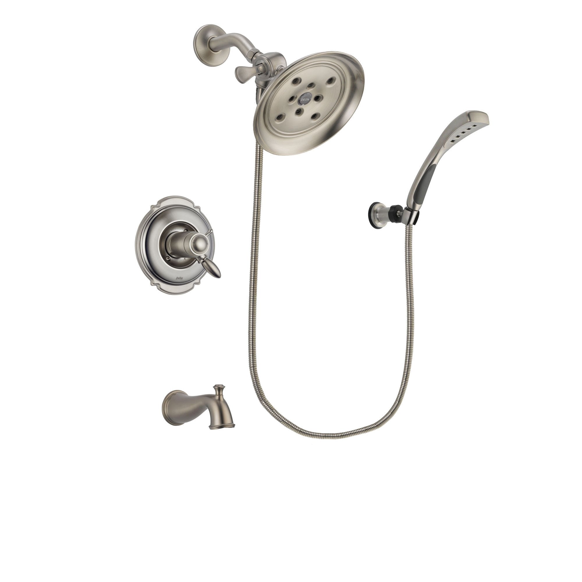 Delta Victorian Stainless Steel Finish Thermostatic Tub and Shower Faucet System Package with Large Rain Showerhead and Wall Mounted Handshower Includes Rough-in Valve and Tub Spout DSP1855V