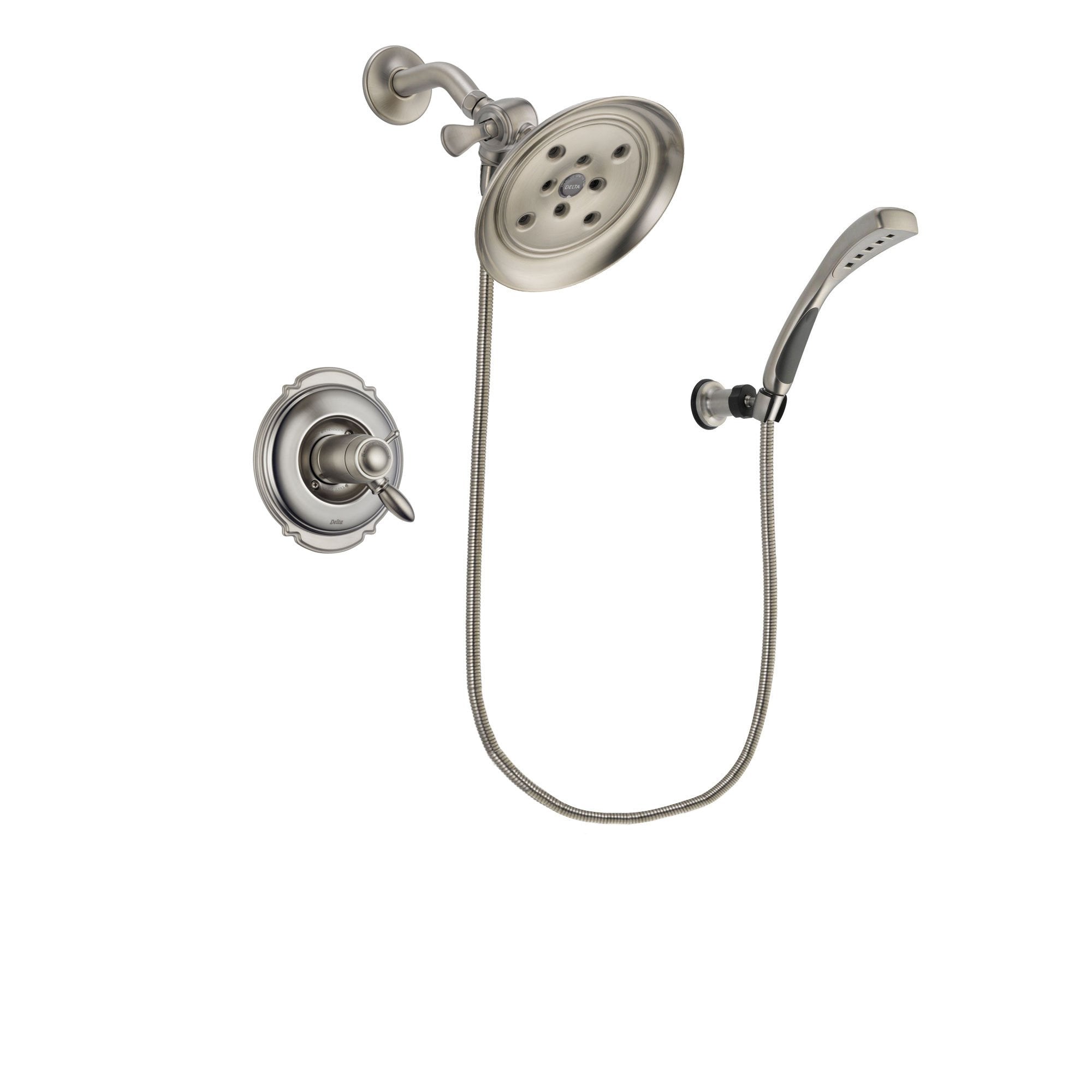 Delta Victorian Stainless Steel Finish Thermostatic Shower Faucet System Package with Large Rain Showerhead and Wall Mounted Handshower Includes Rough-in Valve DSP1856V