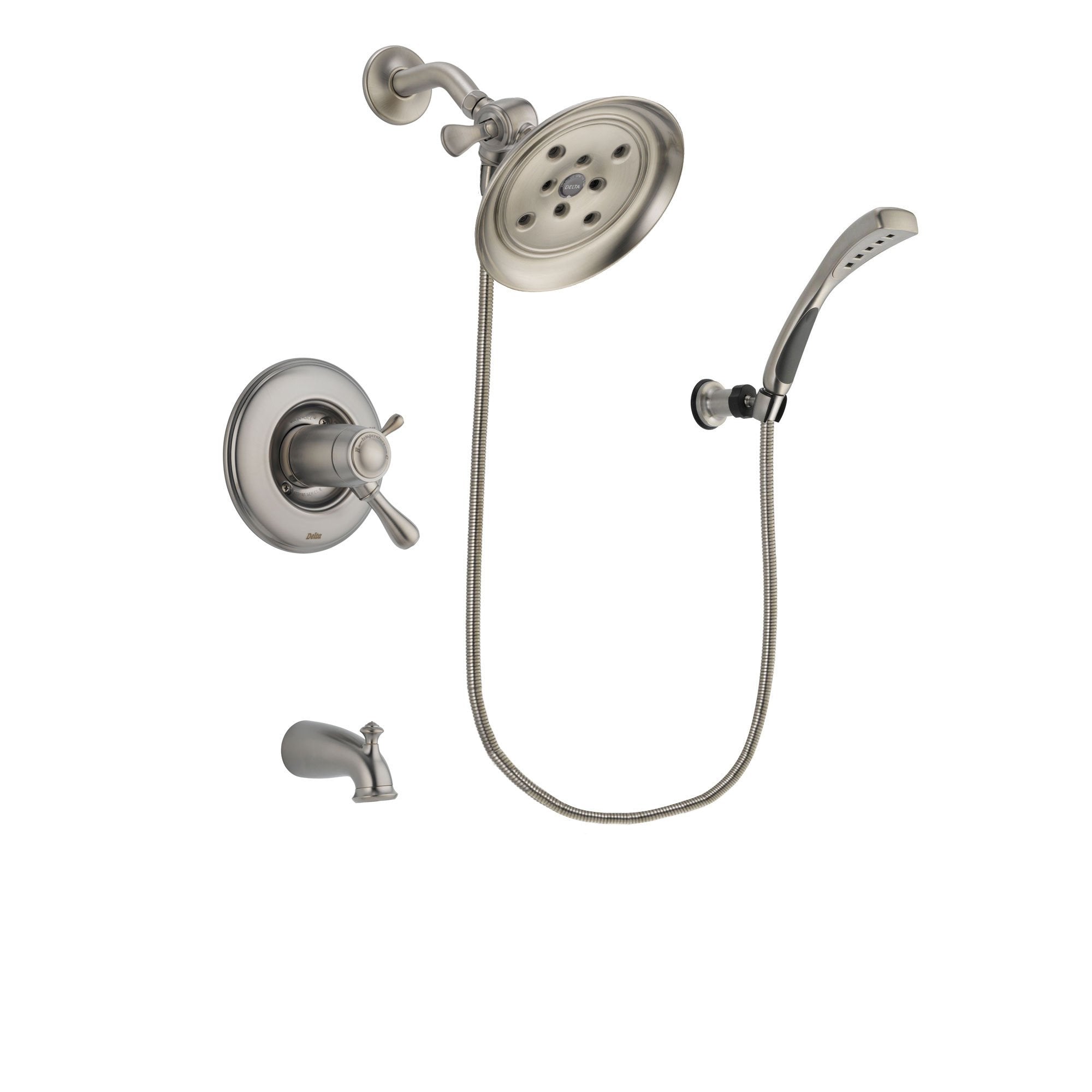 Delta Leland Stainless Steel Finish Thermostatic Tub and Shower Faucet System Package with Large Rain Showerhead and Wall Mounted Handshower Includes Rough-in Valve and Tub Spout DSP1857V