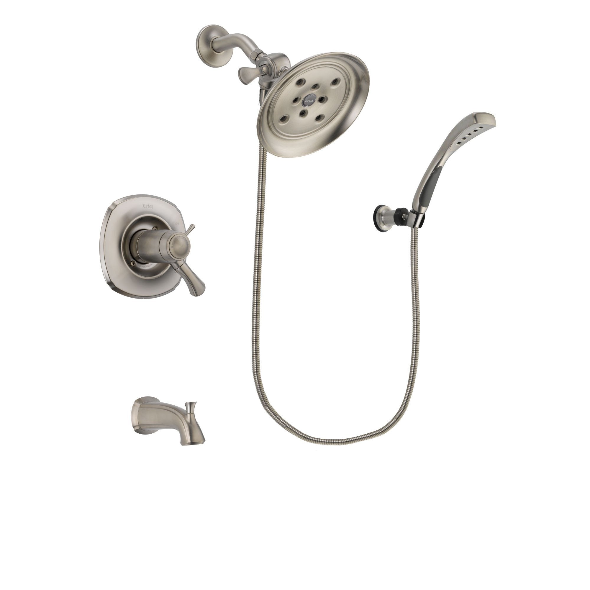 Delta Addison Stainless Steel Finish Thermostatic Tub and Shower Faucet System Package with Large Rain Showerhead and Wall Mounted Handshower Includes Rough-in Valve and Tub Spout DSP1859V