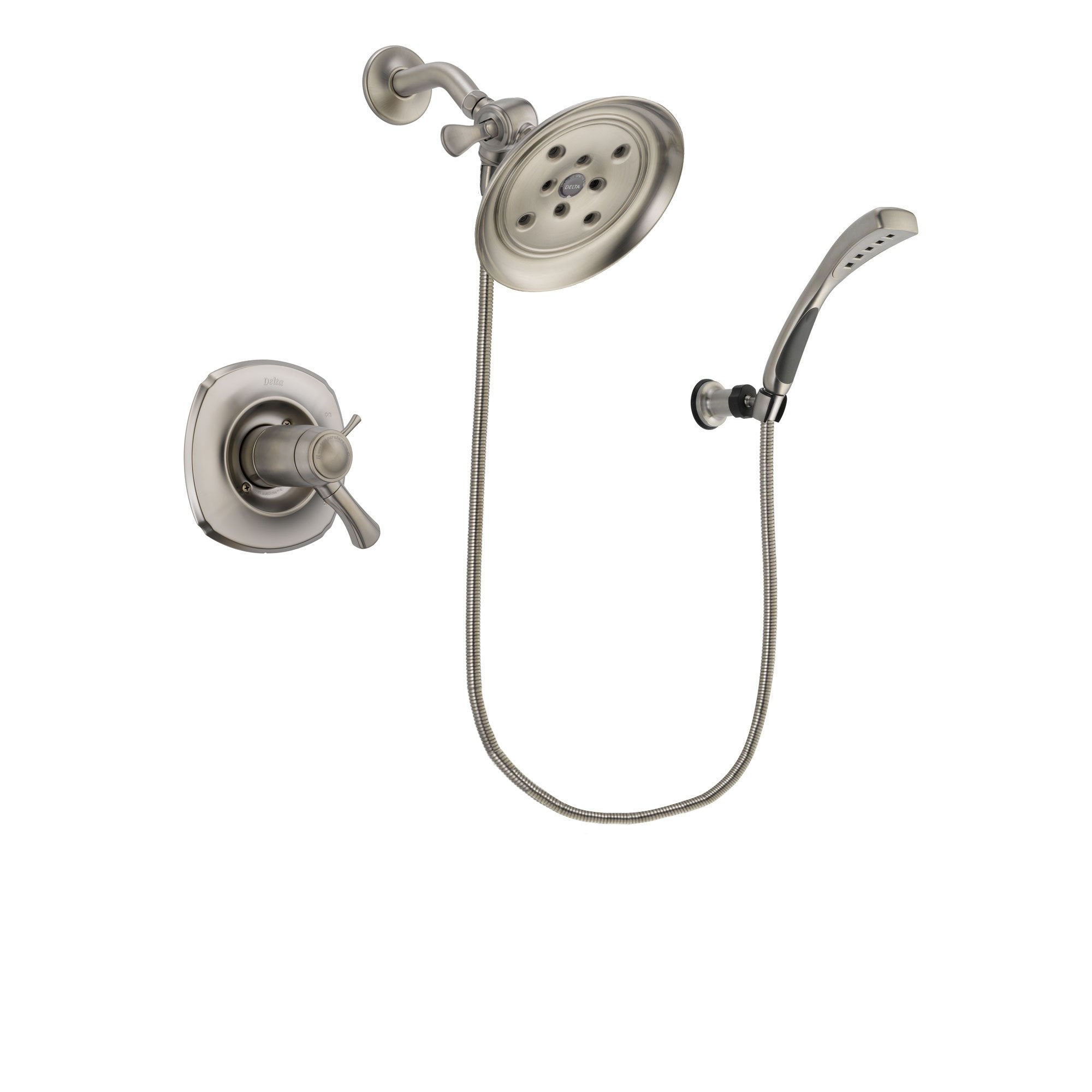 Delta Addison Stainless Steel Finish Thermostatic Shower Faucet System Package with Large Rain Showerhead and Wall Mounted Handshower Includes Rough-in Valve DSP1860V