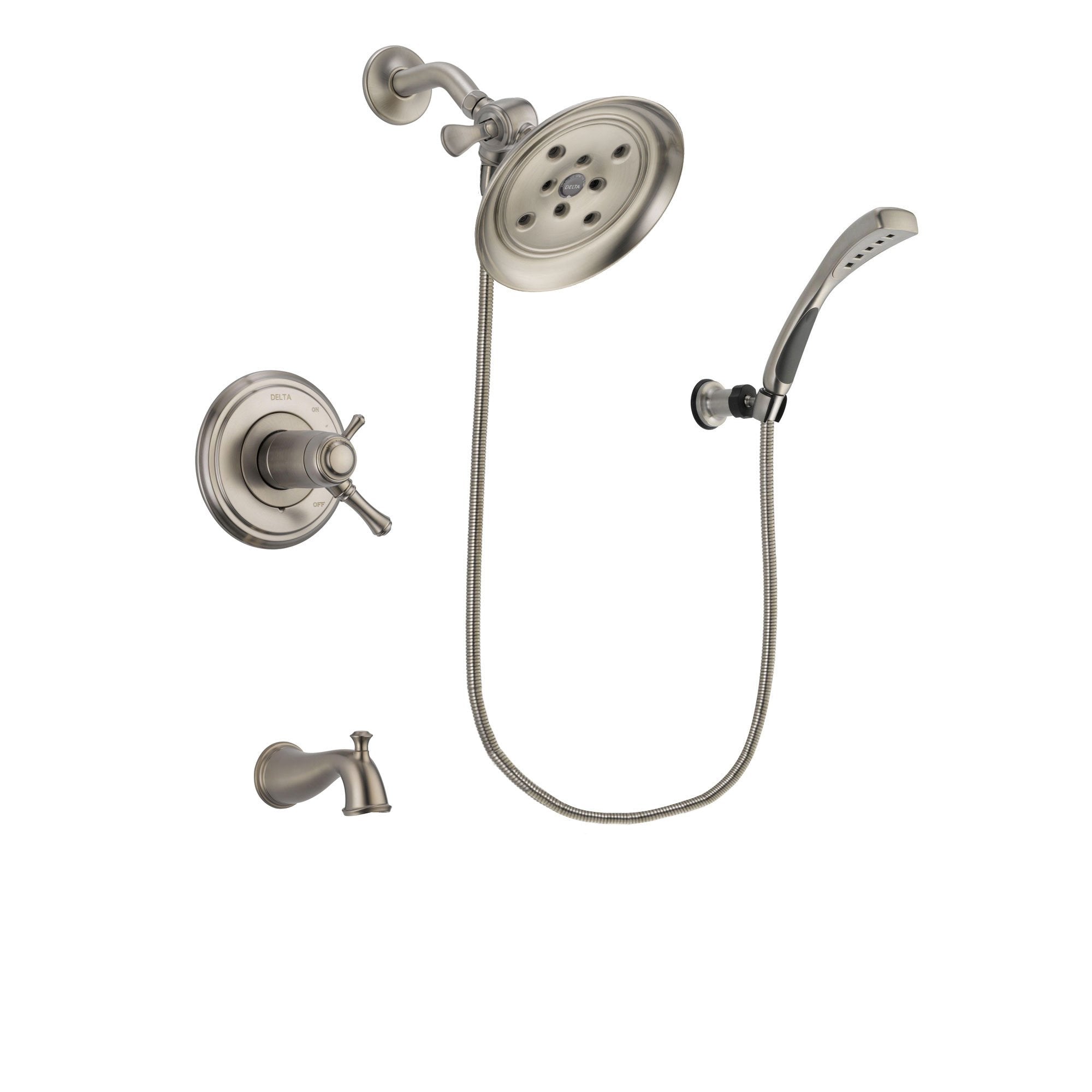Delta Cassidy Stainless Steel Finish Thermostatic Tub and Shower Faucet System Package with Large Rain Showerhead and Wall Mounted Handshower Includes Rough-in Valve and Tub Spout DSP1861V