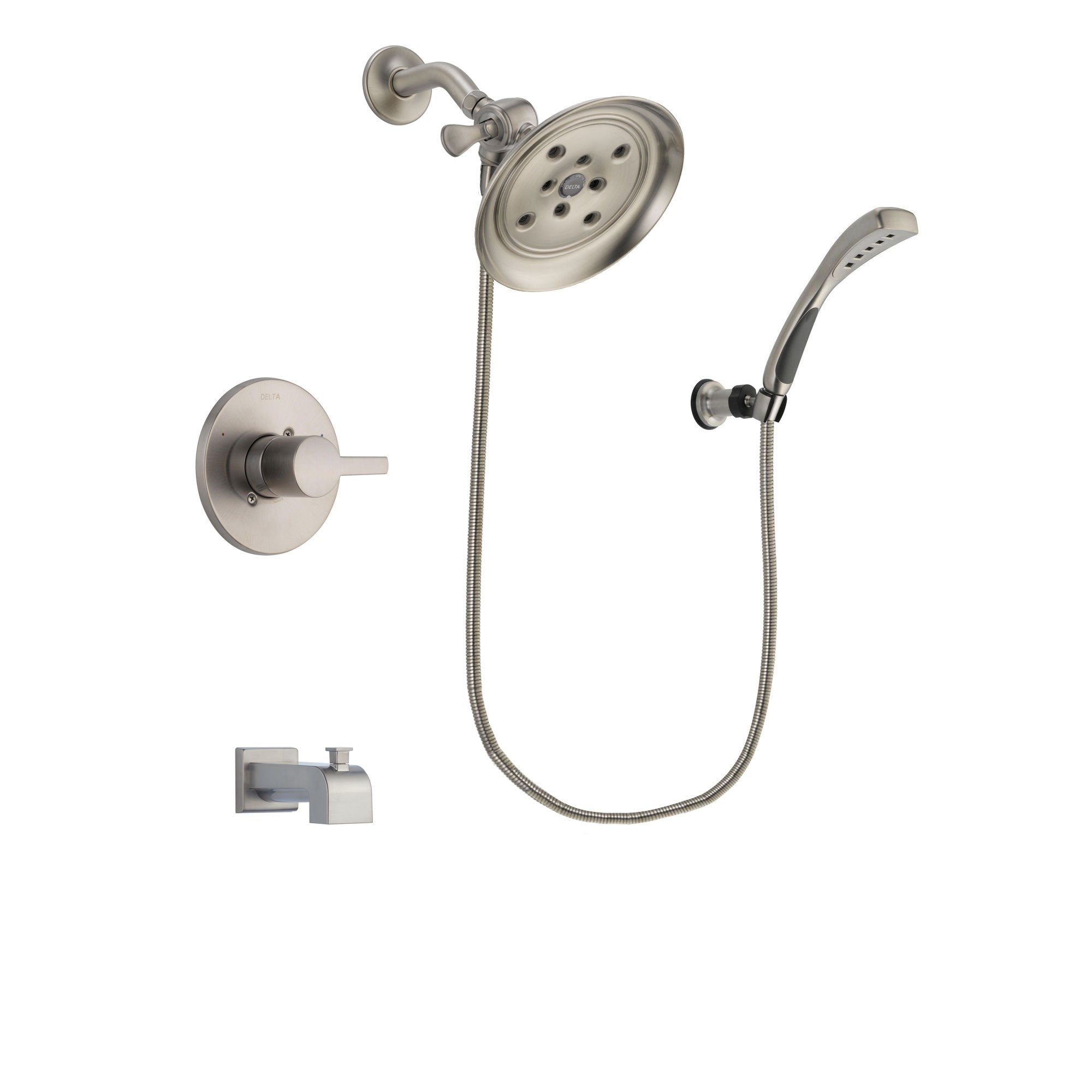 Delta Compel Stainless Steel Finish Tub and Shower Faucet System Package with Large Rain Showerhead and Wall Mounted Handshower Includes Rough-in Valve and Tub Spout DSP1867V