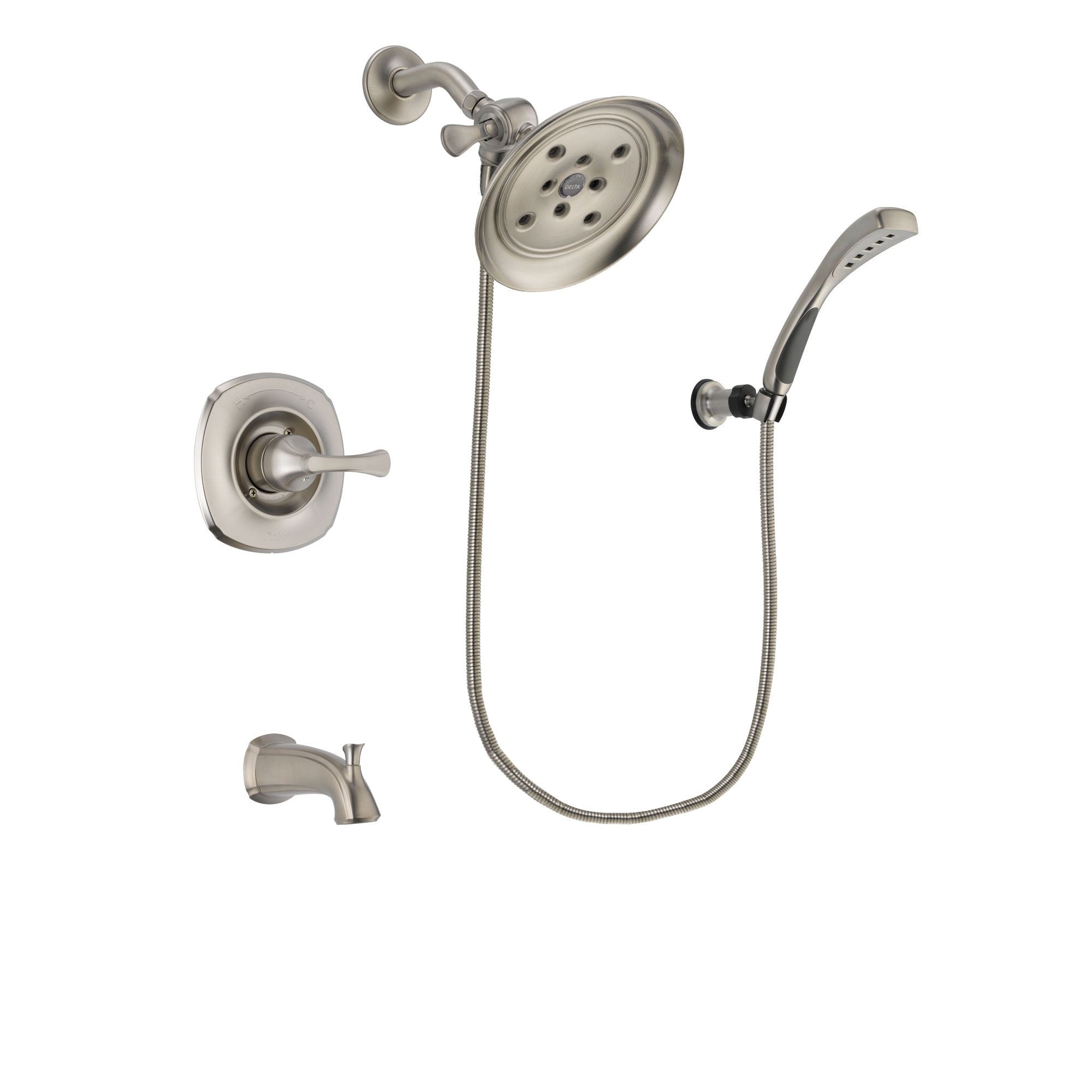 Delta Addison Stainless Steel Finish Tub and Shower Faucet System Package with Large Rain Showerhead and Wall Mounted Handshower Includes Rough-in Valve and Tub Spout DSP1869V