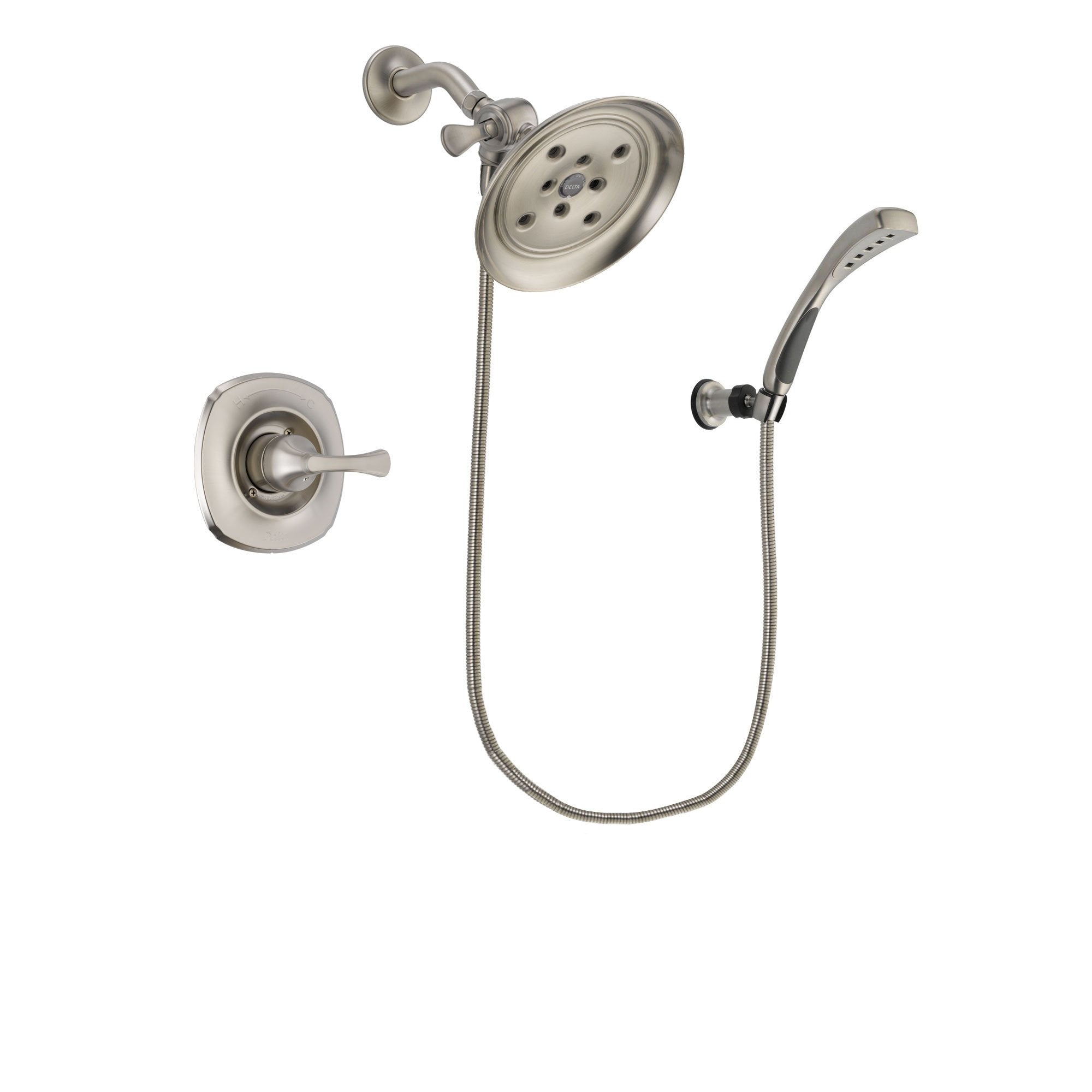 Delta Addison Stainless Steel Finish Shower Faucet System Package with Large Rain Showerhead and Wall Mounted Handshower Includes Rough-in Valve DSP1870V