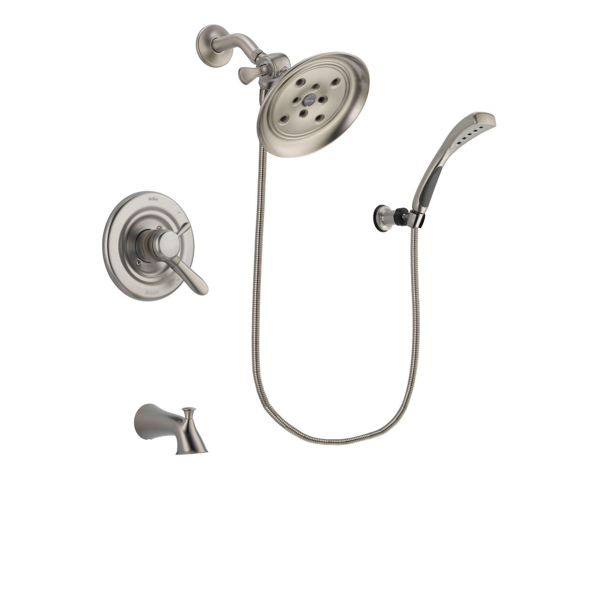 Delta Lahara Stainless Steel Finish Dual Control Tub and Shower Faucet System Package with Large Rain Showerhead and Wall Mounted Handshower Includes Rough-in Valve and Tub Spout DSP1873V