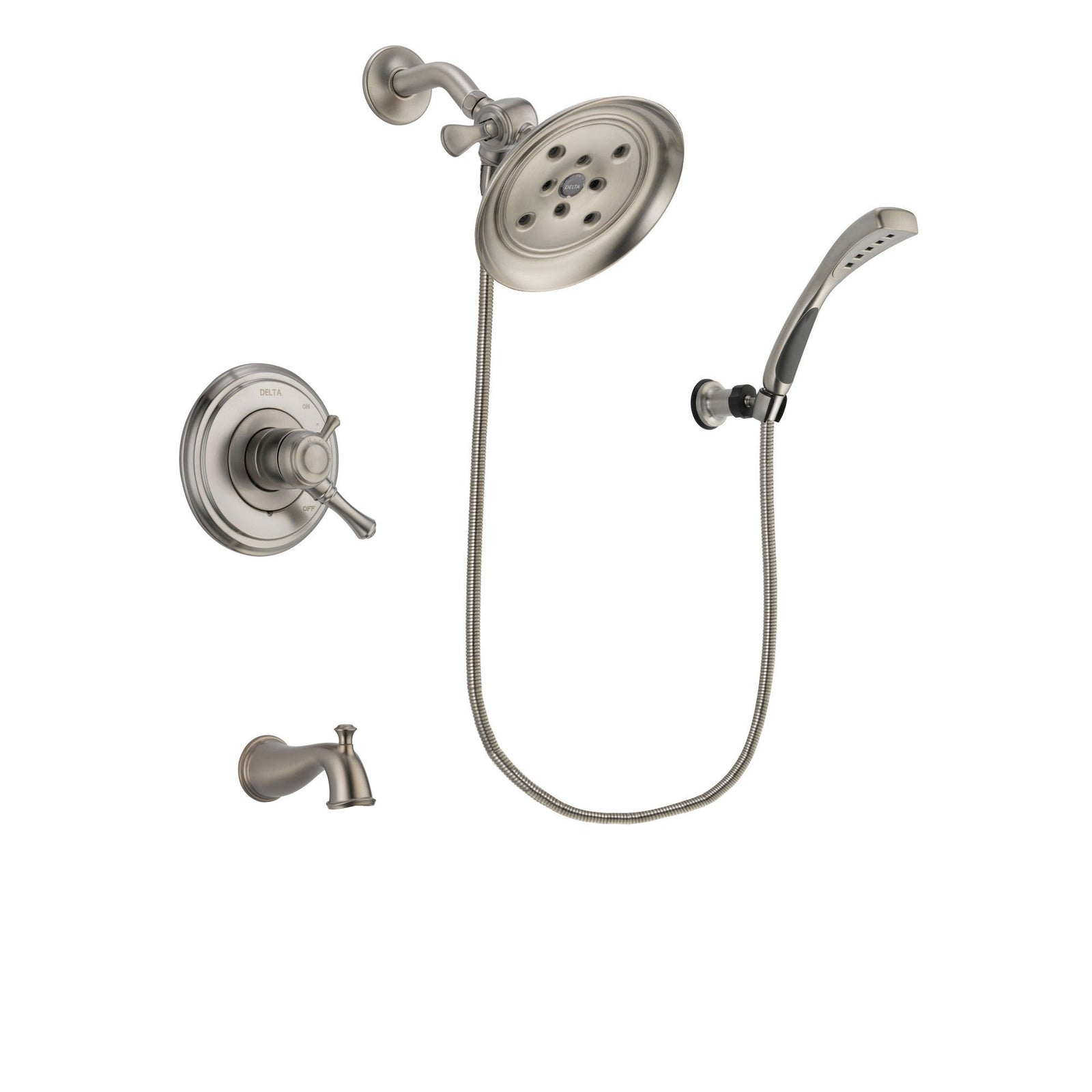Delta Cassidy Stainless Steel Finish Dual Control Tub and Shower Faucet System Package with Large Rain Showerhead and Wall Mounted Handshower Includes Rough-in Valve and Tub Spout DSP1885V