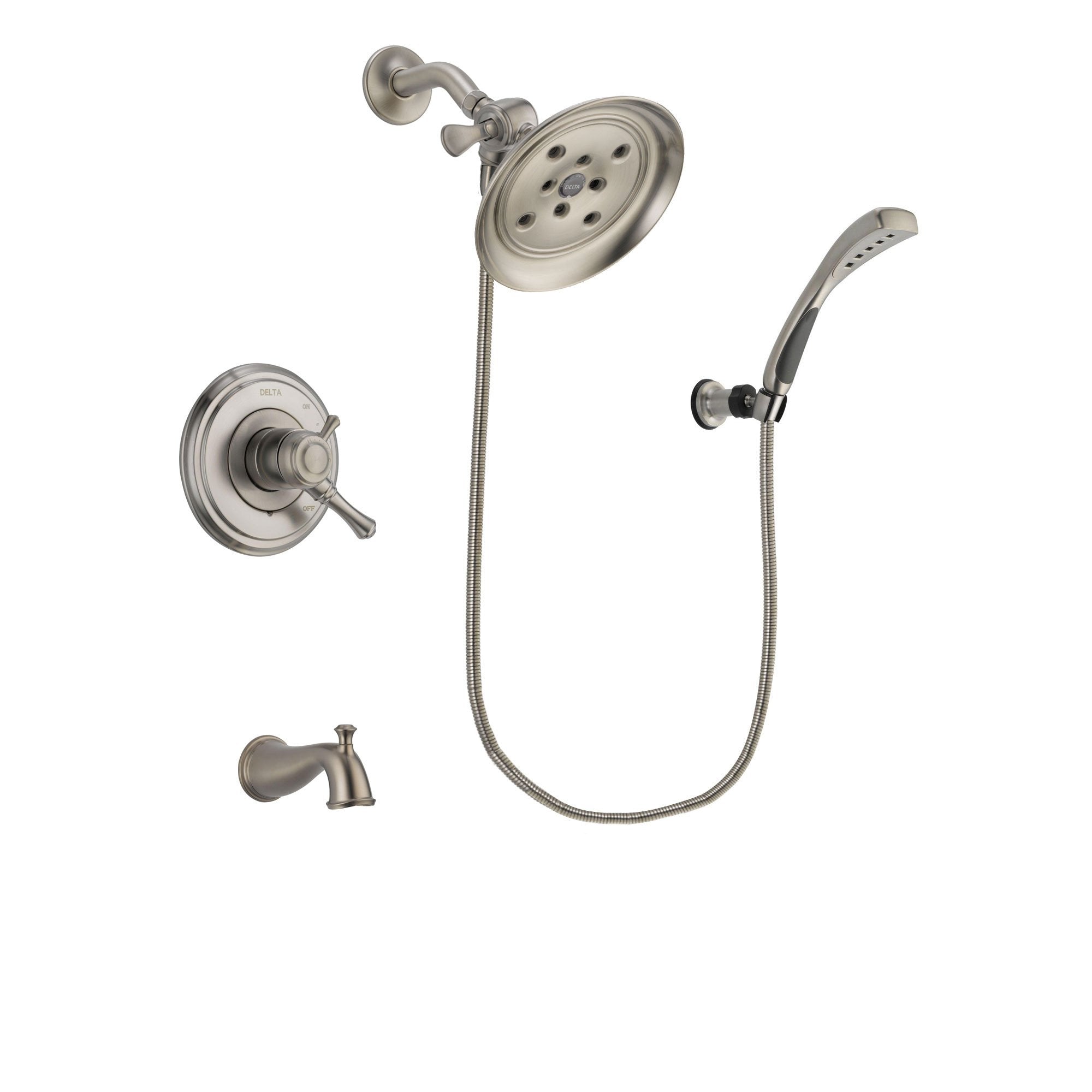 Delta Cassidy Stainless Steel Finish Dual Control Tub and Shower Faucet System Package with Large Rain Showerhead and Wall Mounted Handshower Includes Rough-in Valve and Tub Spout DSP1885V
