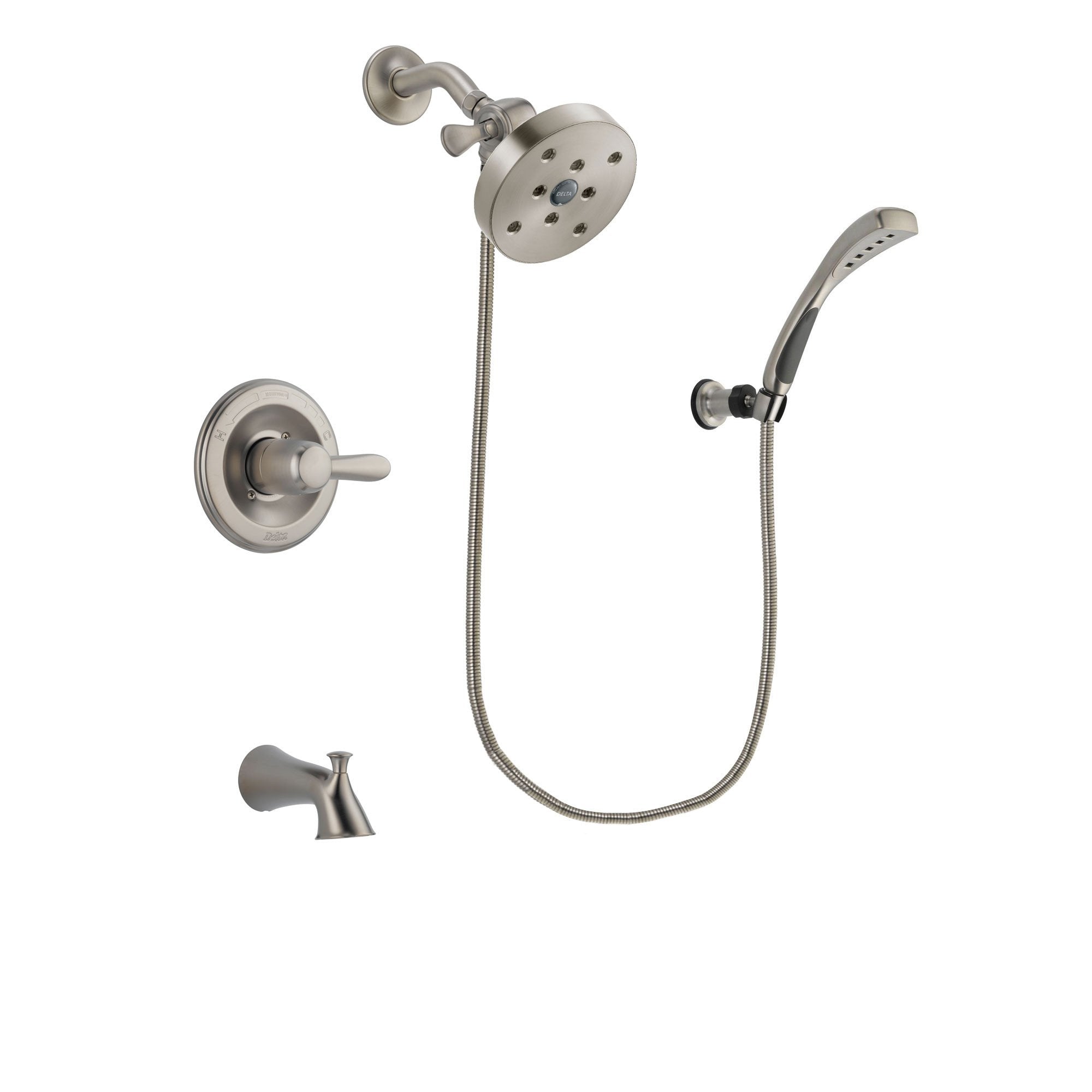 Delta Lahara Stainless Steel Finish Tub and Shower Faucet System Package with 5-1/2 inch Shower Head and Wall Mounted Handshower Includes Rough-in Valve and Tub Spout DSP1897V