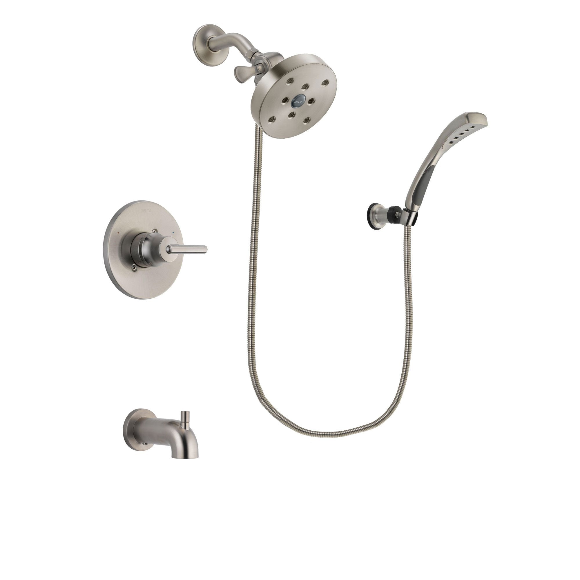 Delta Trinsic Stainless Steel Finish Tub and Shower Faucet System Package with 5-1/2 inch Shower Head and Wall Mounted Handshower Includes Rough-in Valve and Tub Spout DSP1899V