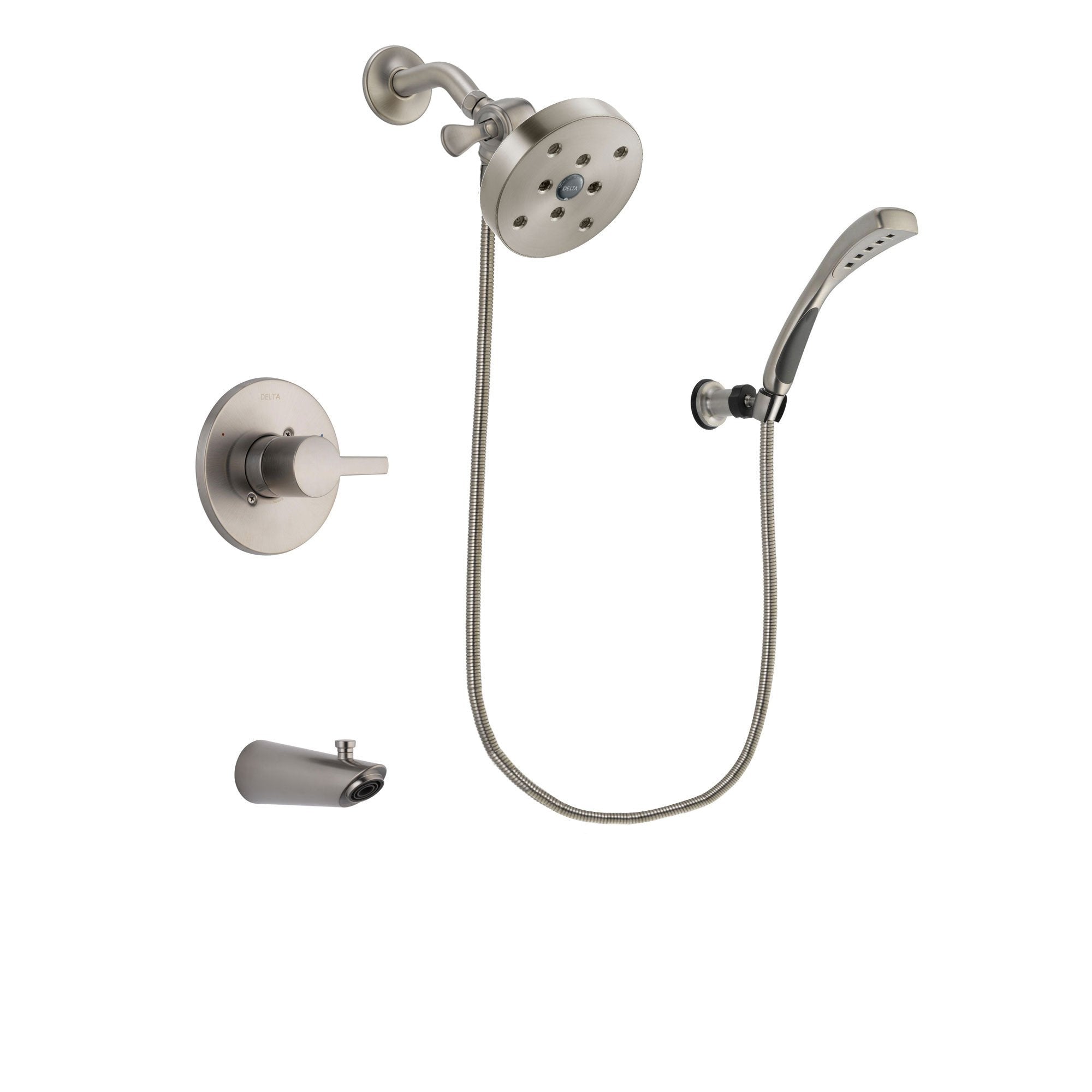 Delta Compel Stainless Steel Finish Tub and Shower Faucet System Package with 5-1/2 inch Shower Head and Wall Mounted Handshower Includes Rough-in Valve and Tub Spout DSP1901V