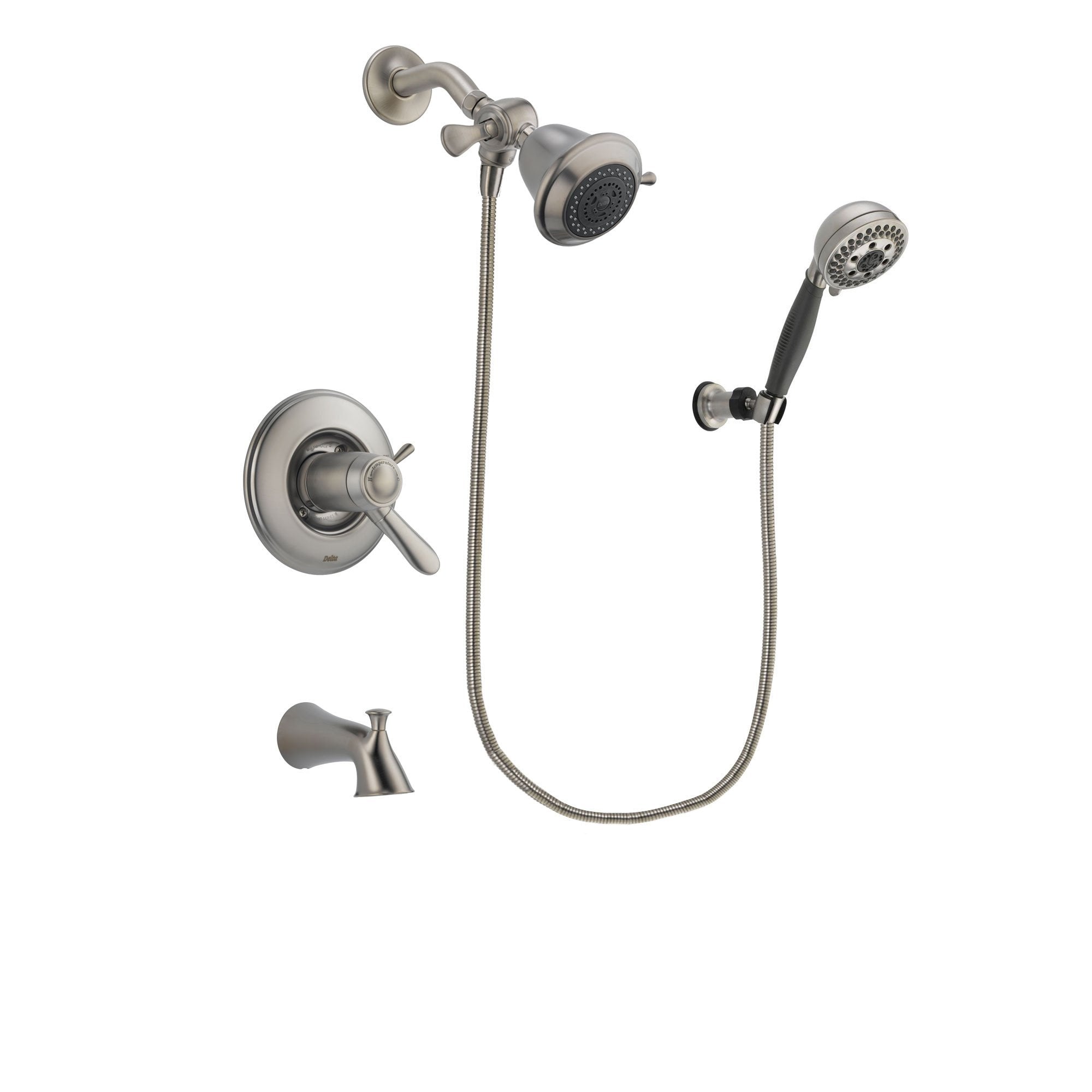 Delta Lahara Stainless Steel Finish Thermostatic Tub and Shower Faucet System Package with Shower Head and 5-Setting Wall Mount Personal Handheld Shower Includes Rough-in Valve and Tub Spout DSP1921V