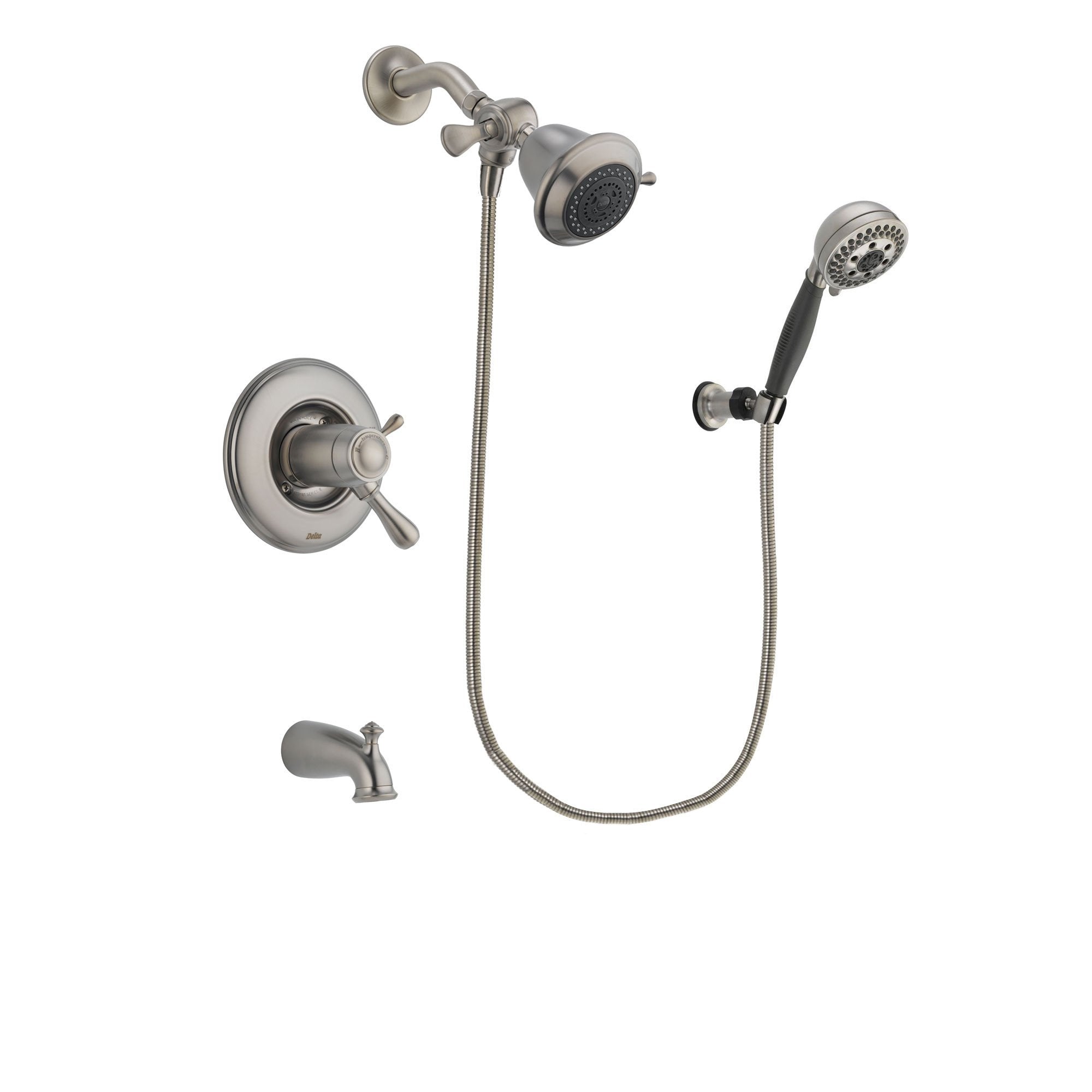 Delta Leland Stainless Steel Finish Thermostatic Tub and Shower Faucet System Package with Shower Head and 5-Setting Wall Mount Personal Handheld Shower Includes Rough-in Valve and Tub Spout DSP1925V