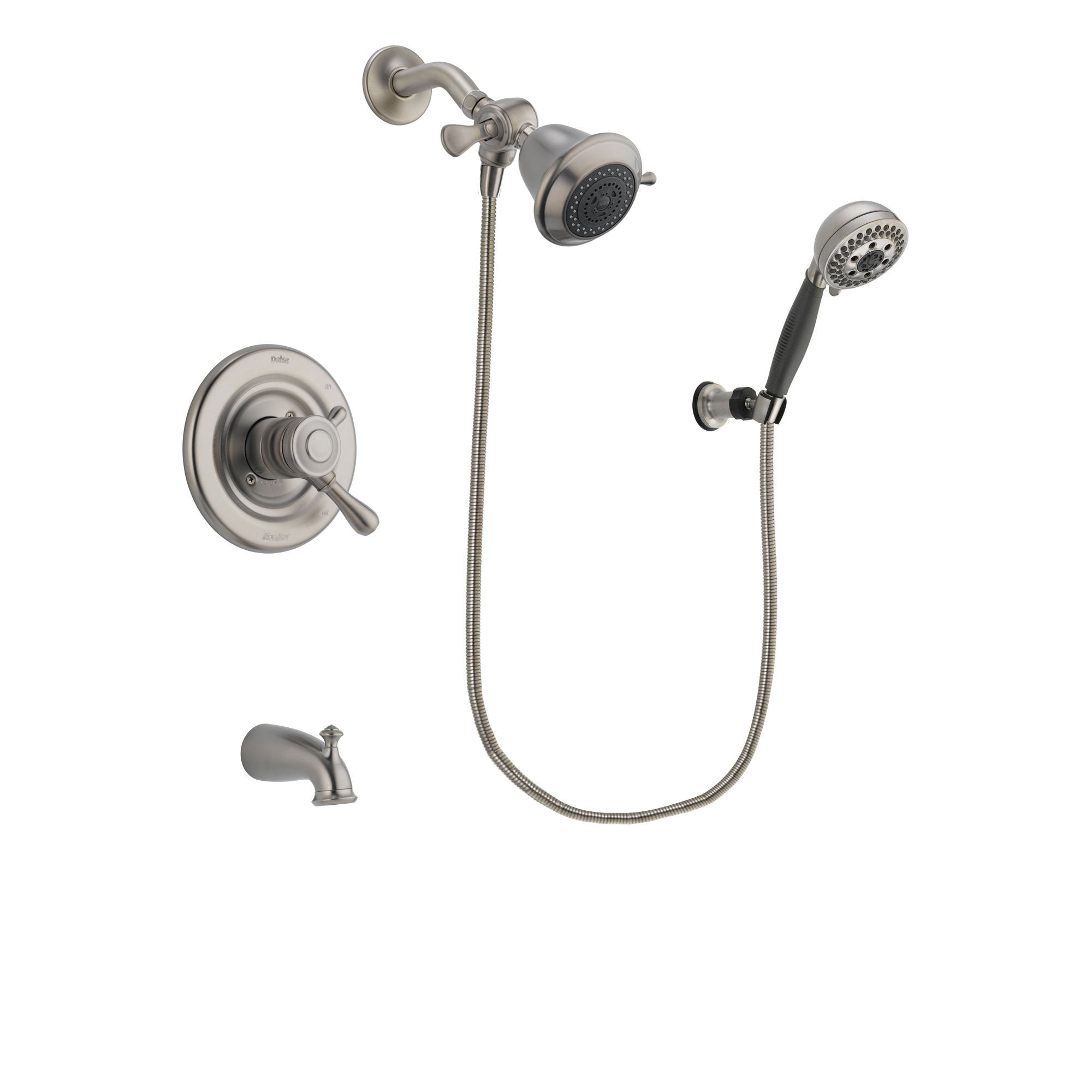 Delta Leland Stainless Steel Finish Dual Control Tub and Shower Faucet System Package with Shower Head and 5-Setting Wall Mount Personal Handheld Shower Includes Rough-in Valve and Tub Spout DSP1947V