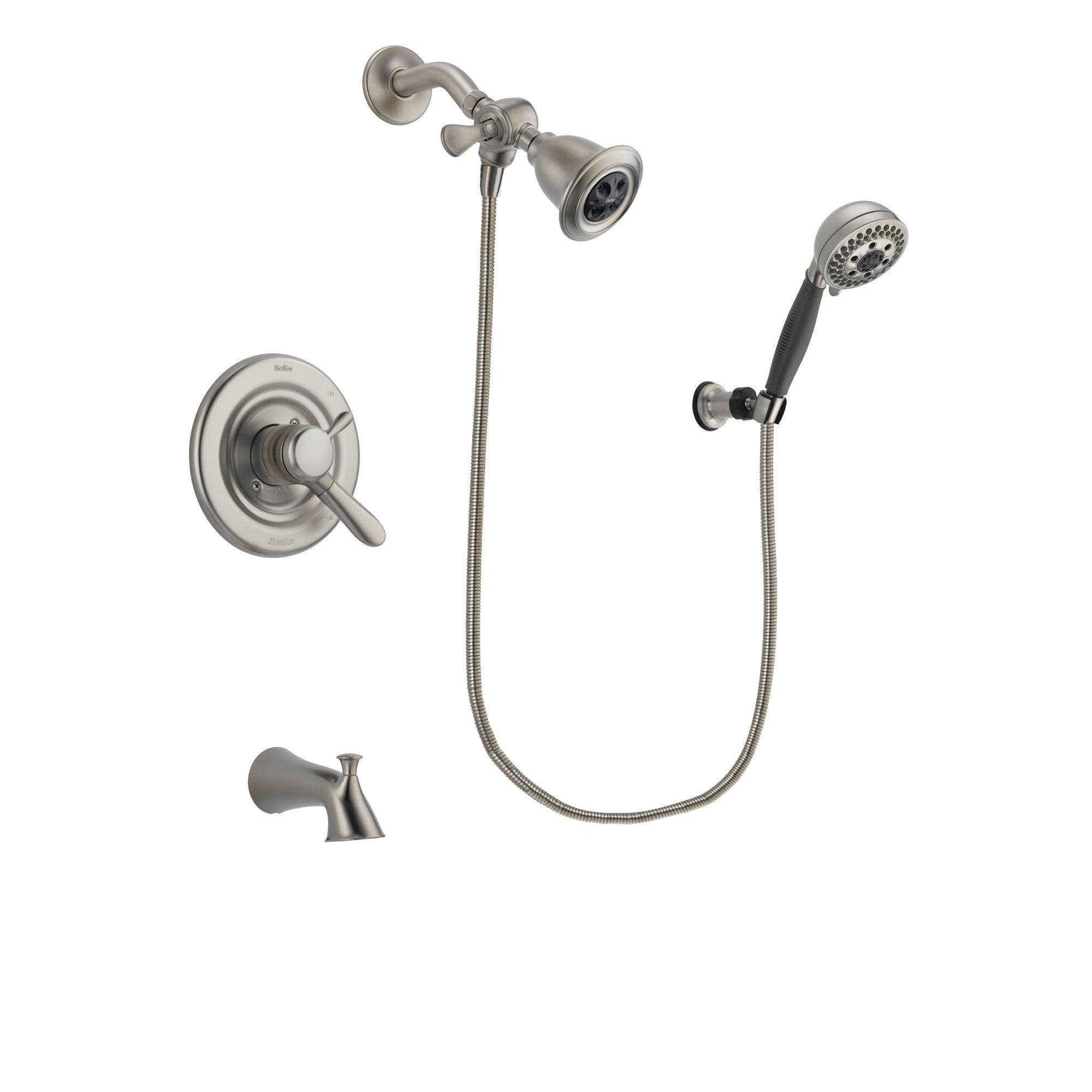 Delta Lahara Stainless Steel Finish Dual Control Tub and Shower Faucet System Package with Water Efficient Showerhead and 5-Setting Wall Mount Personal Handheld Shower Includes Rough-in Valve and Tub Spout DSP1975V