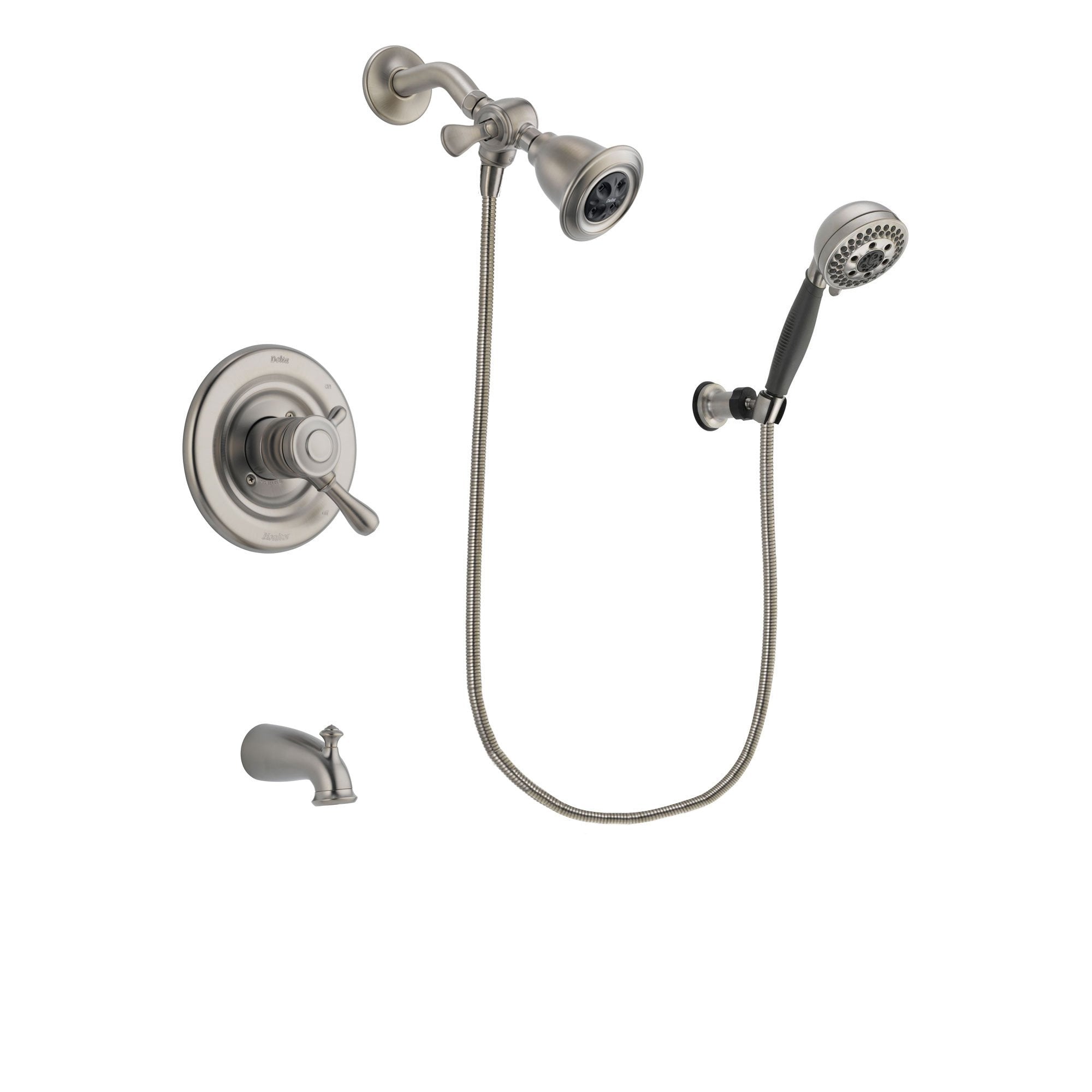 Delta Leland Stainless Steel Finish Dual Control Tub and Shower Faucet System Package with Water Efficient Showerhead and 5-Setting Wall Mount Personal Handheld Shower Includes Rough-in Valve and Tub Spout DSP1981V