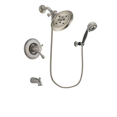 Delta Leland Stainless Steel Finish Thermostatic Tub and Shower Faucet System Package with Large Rain Showerhead and 5-Setting Wall Mount Personal Handheld Shower Includes Rough-in Valve and Tub Spout DSP1993V