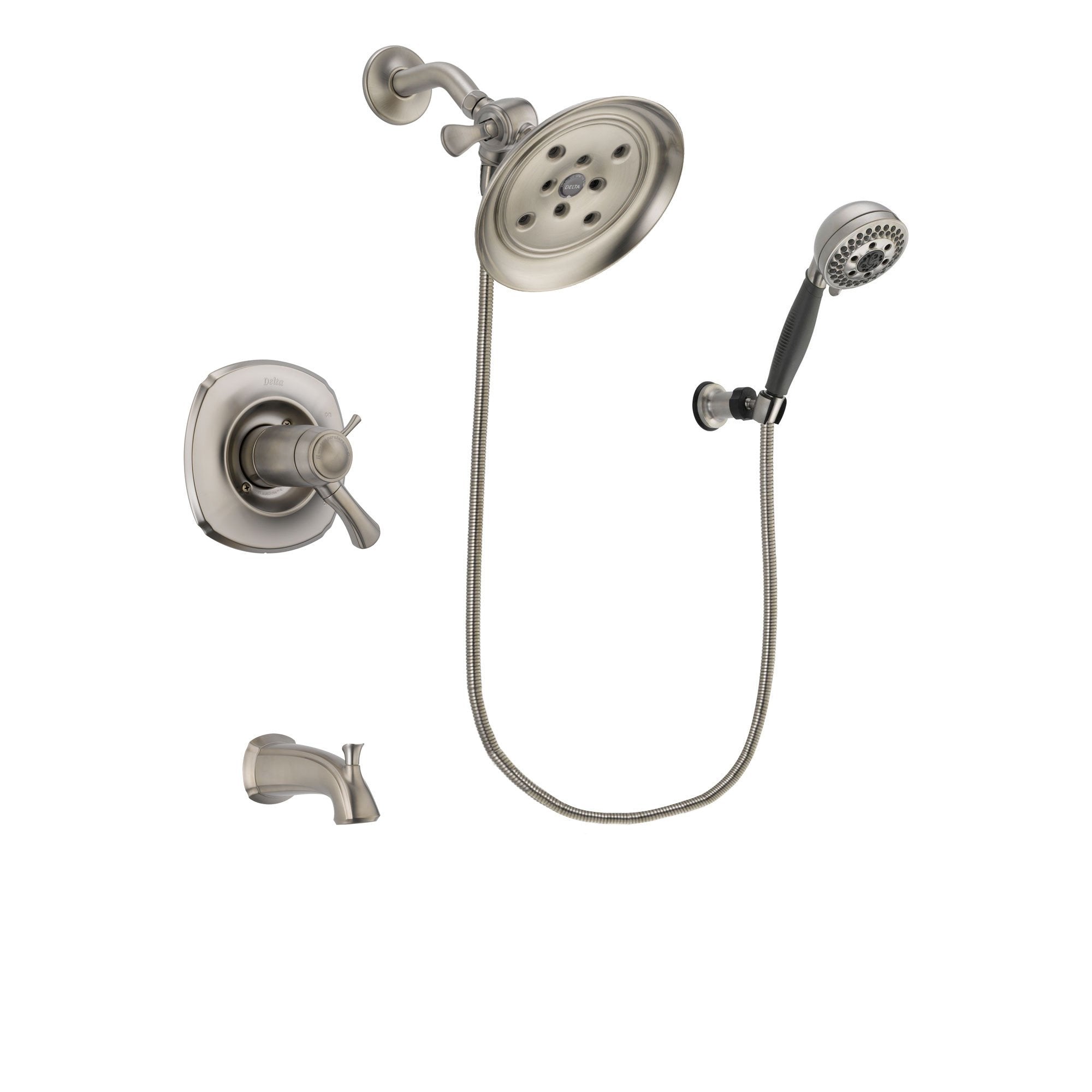 Delta Addison Stainless Steel Finish Thermostatic Tub and Shower Faucet System Package with Large Rain Showerhead and 5-Setting Wall Mount Personal Handheld Shower Includes Rough-in Valve and Tub Spout DSP1995V