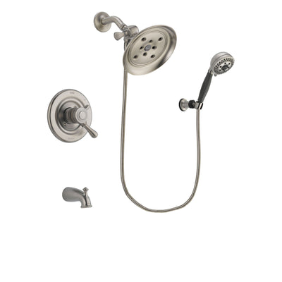Delta Leland Stainless Steel Finish Dual Control Tub and Shower Faucet System Package with Large Rain Showerhead and 5-Setting Wall Mount Personal Handheld Shower Includes Rough-in Valve and Tub Spout DSP2015V
