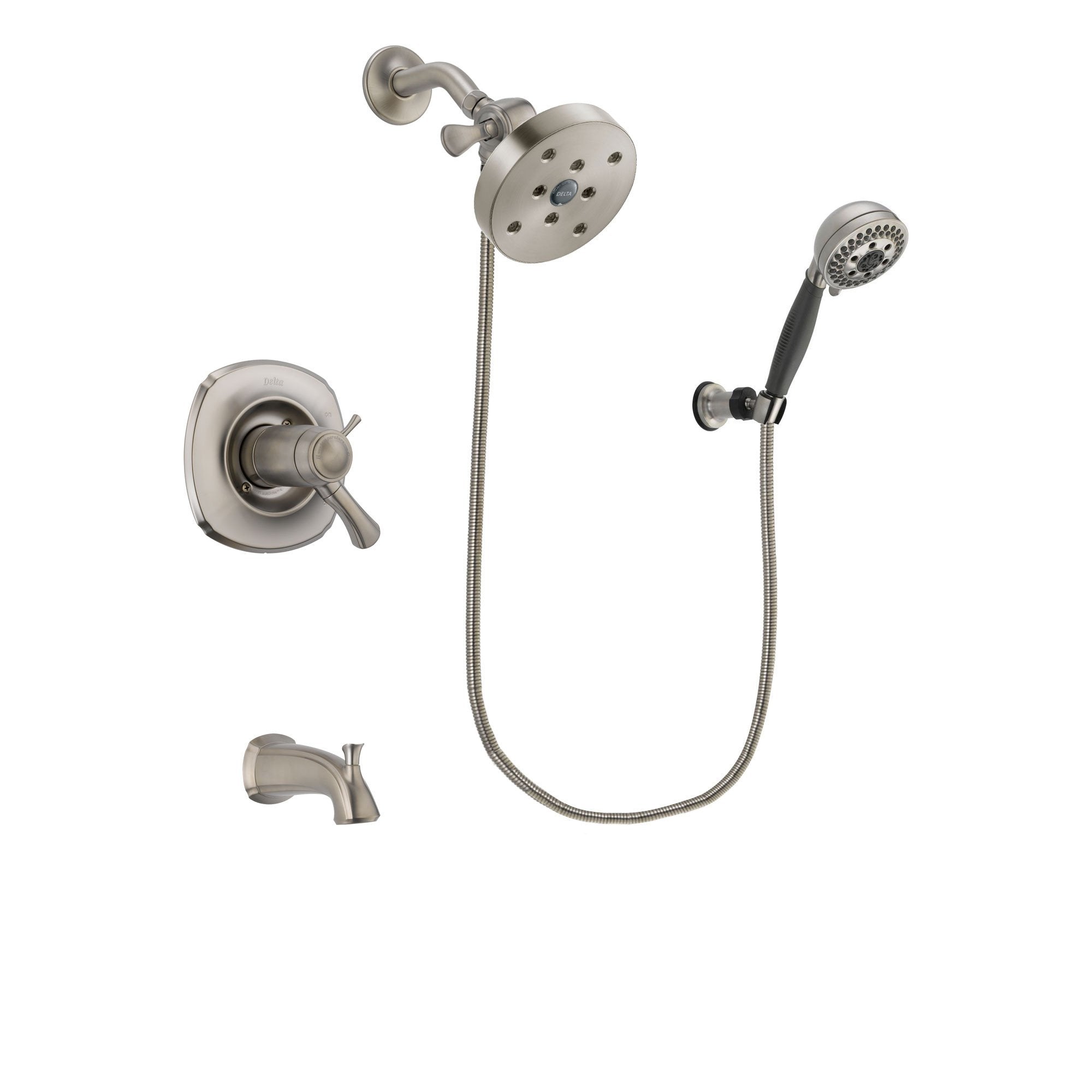 Delta Addison Stainless Steel Finish Thermostatic Tub and Shower Faucet System Package with 5-1/2 inch Shower Head and 5-Setting Wall Mount Personal Handheld Shower Includes Rough-in Valve and Tub Spout DSP2029V