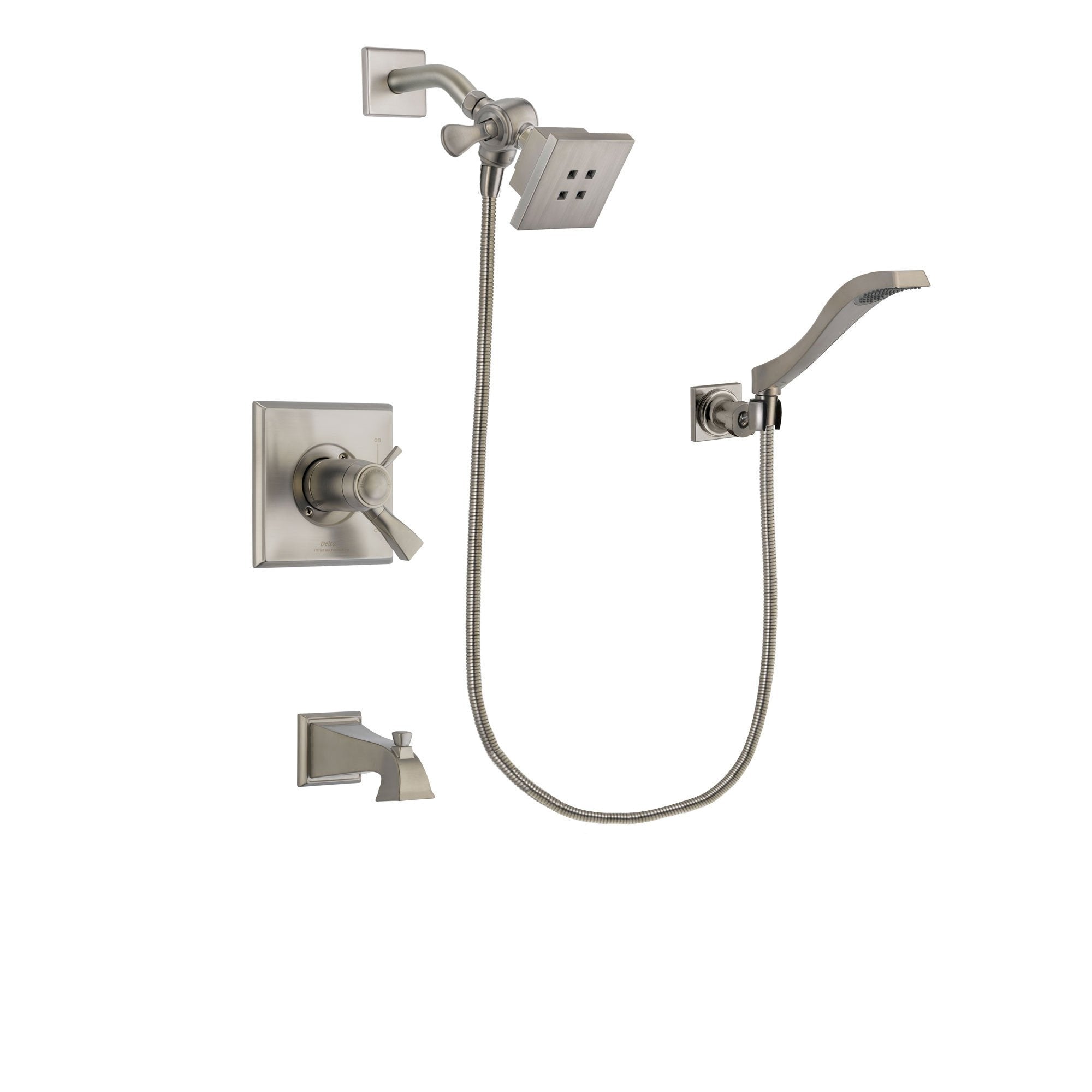 Delta Dryden Stainless Steel Finish Thermostatic Tub and Shower Faucet System Package with Square Showerhead and Modern Wall Mount Handheld Shower Spray Includes Rough-in Valve and Tub Spout DSP2057V