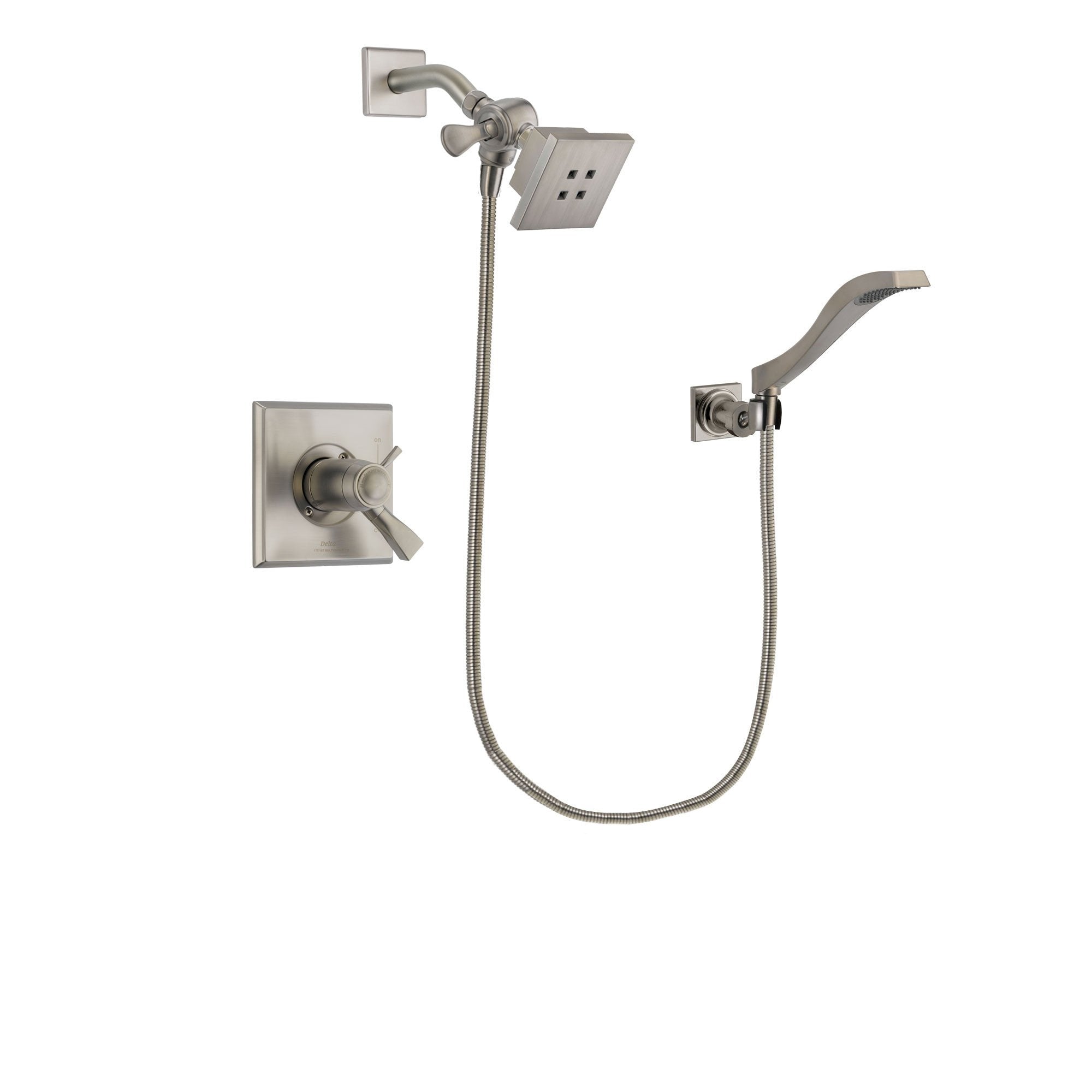 Delta Dryden Stainless Steel Finish Thermostatic Shower Faucet System Package with Square Showerhead and Modern Wall Mount Handheld Shower Spray Includes Rough-in Valve DSP2058V