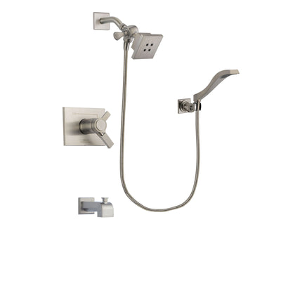Delta Vero Stainless Steel Finish Thermostatic Tub and Shower Faucet System Package with Square Showerhead and Modern Wall Mount Handheld Shower Spray Includes Rough-in Valve and Tub Spout DSP2059V