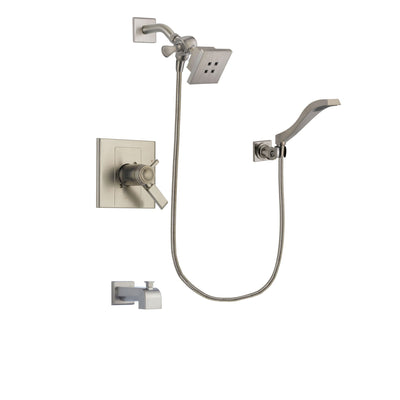 Delta Arzo Stainless Steel Finish Thermostatic Tub and Shower Faucet System Package with Square Showerhead and Modern Wall Mount Handheld Shower Spray Includes Rough-in Valve and Tub Spout DSP2061V