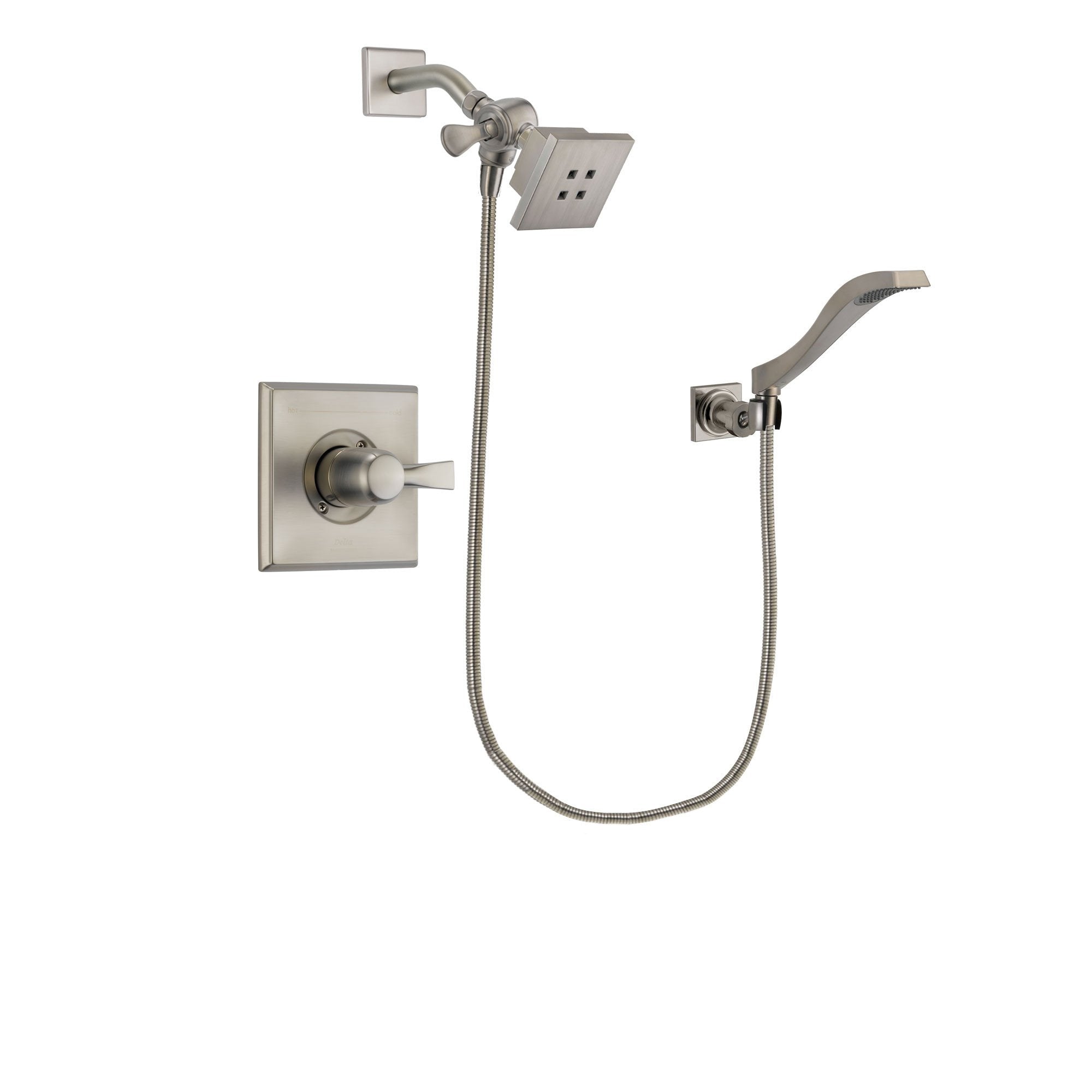 Delta Dryden Stainless Steel Finish Shower Faucet System Package with Square Showerhead and Modern Wall Mount Handheld Shower Spray Includes Rough-in Valve DSP2064V
