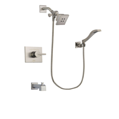 Delta Vero Stainless Steel Finish Tub and Shower Faucet System Package with Square Showerhead and Modern Wall Mount Handheld Shower Spray Includes Rough-in Valve and Tub Spout DSP2065V