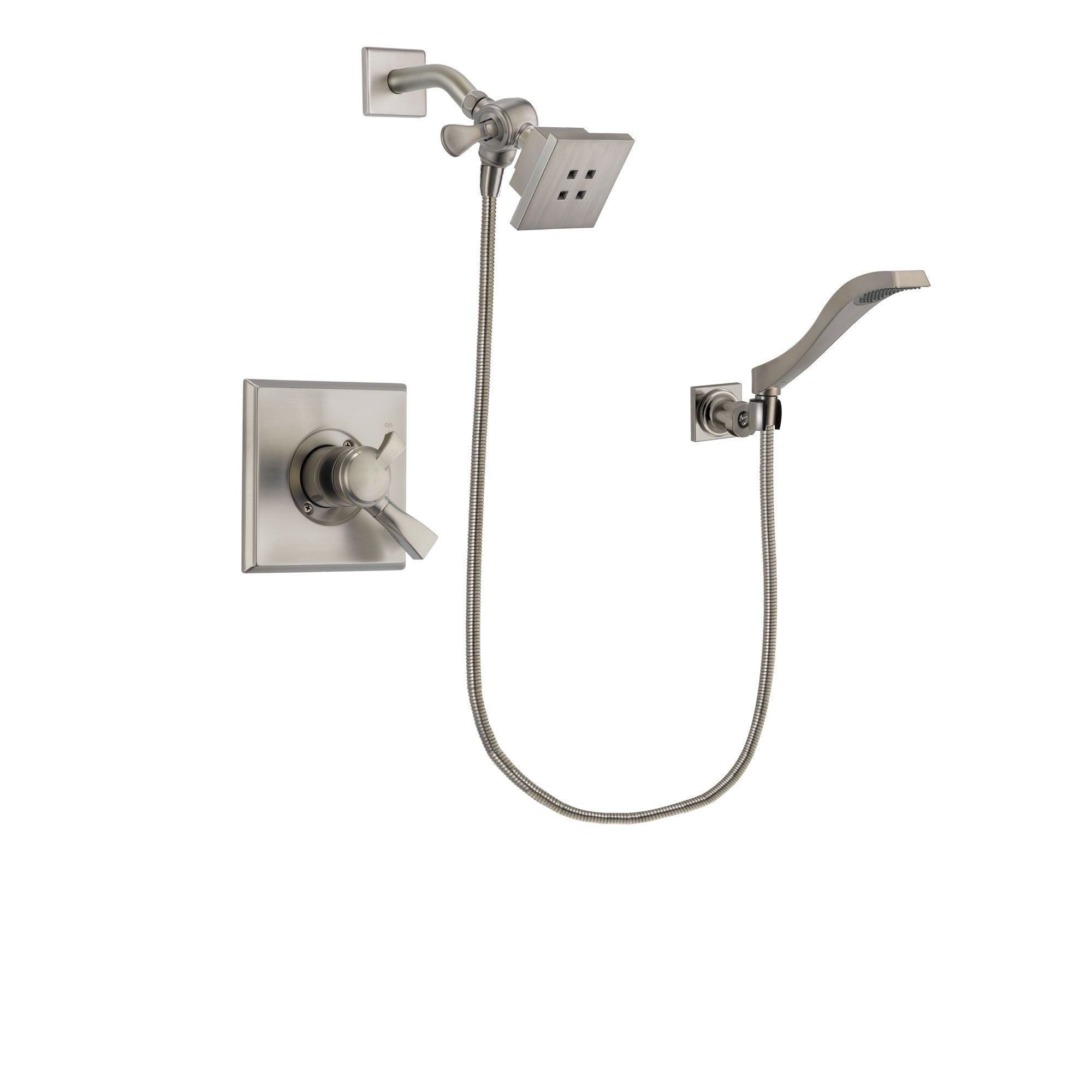 Delta Dryden Stainless Steel Finish Dual Control Shower Faucet System Package with Square Showerhead and Modern Wall Mount Handheld Shower Spray Includes Rough-in Valve DSP2070V