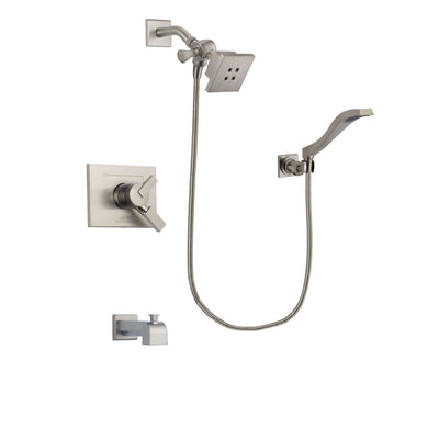 Delta Vero Stainless Steel Finish Dual Control Tub and Shower Faucet System Package with Square Showerhead and Modern Wall Mount Handheld Shower Spray Includes Rough-in Valve and Tub Spout DSP2071V