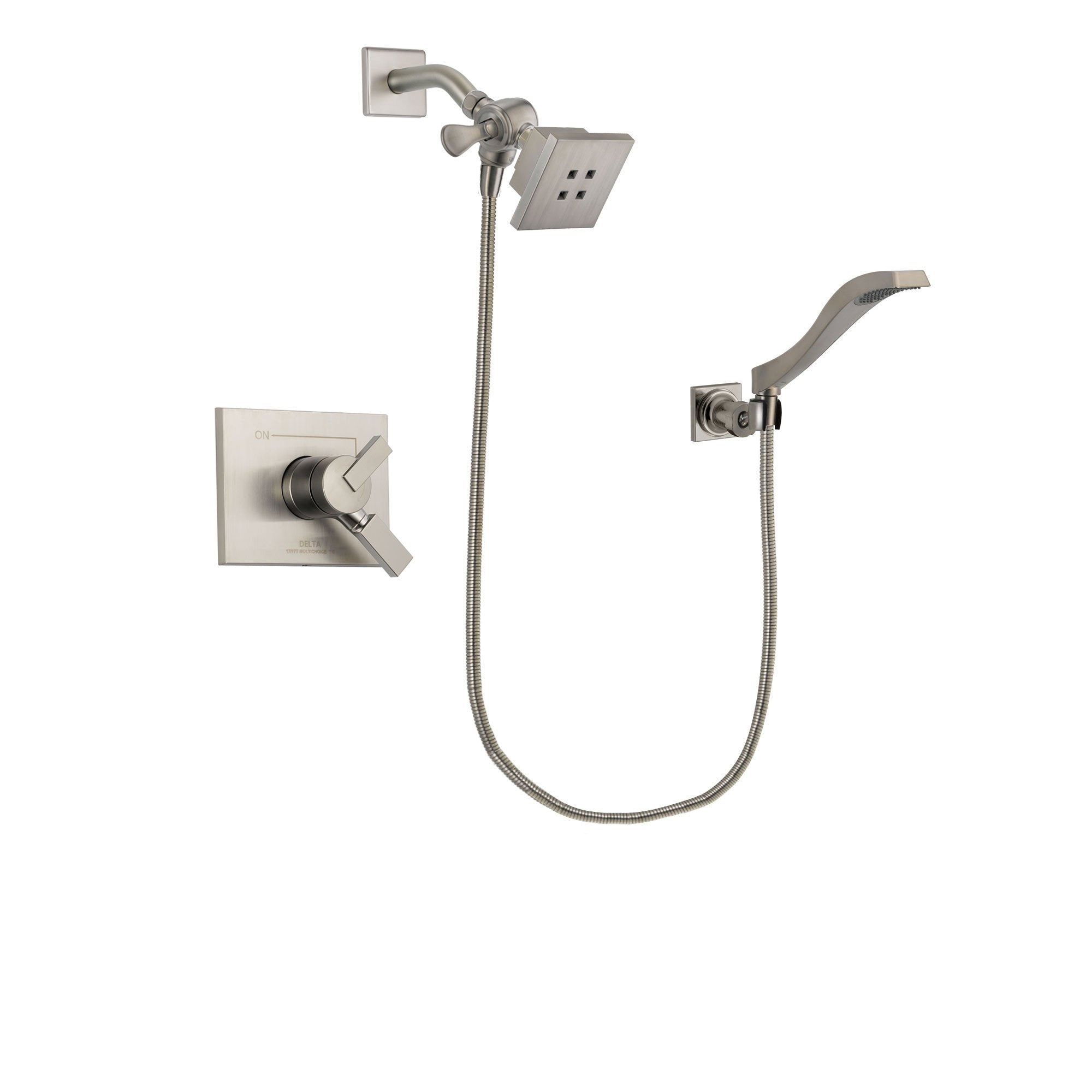 Delta Vero Stainless Steel Finish Dual Control Shower Faucet System Package with Square Showerhead and Modern Wall Mount Handheld Shower Spray Includes Rough-in Valve DSP2072V