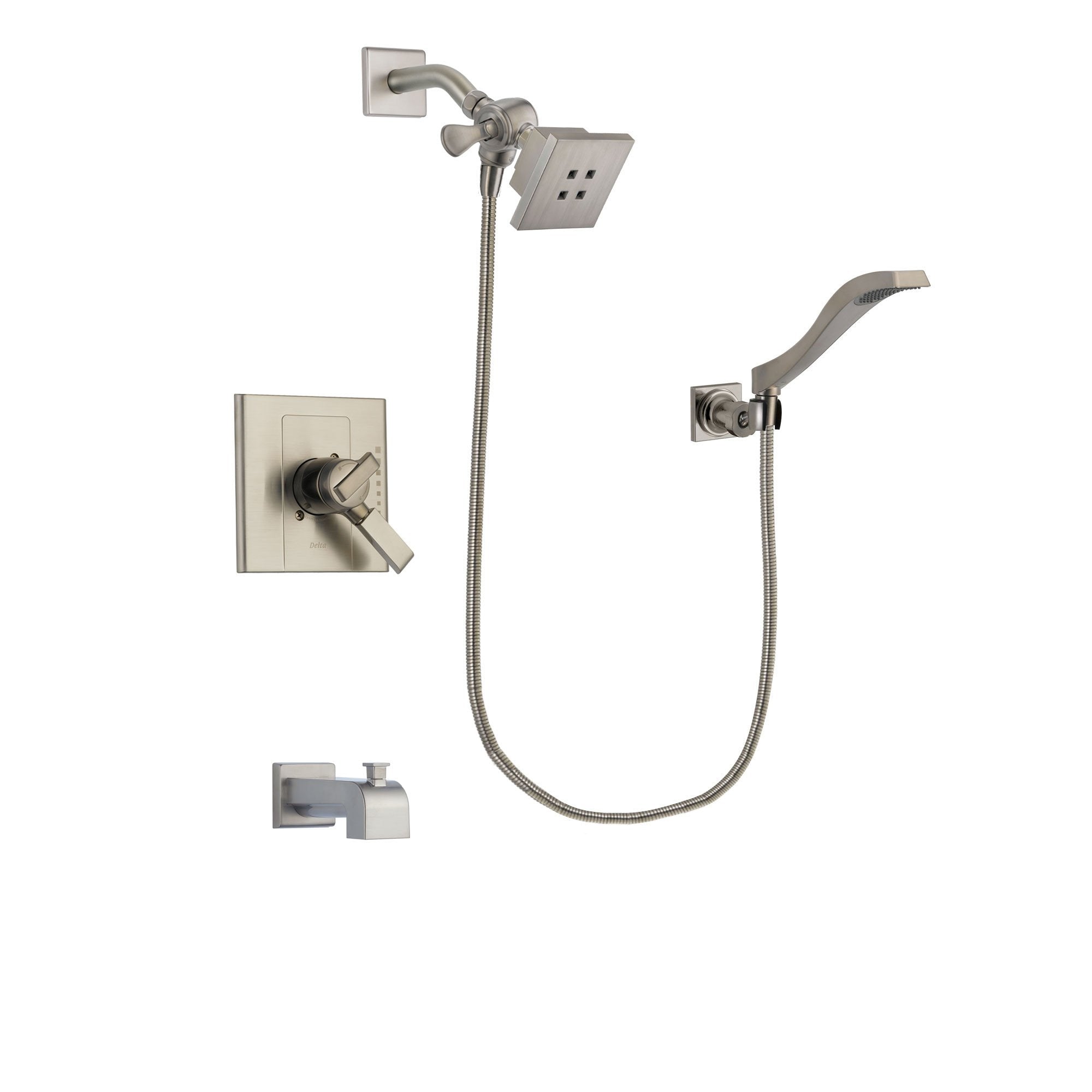Delta Arzo Stainless Steel Finish Dual Control Tub and Shower Faucet System Package with Square Showerhead and Modern Wall Mount Handheld Shower Spray Includes Rough-in Valve and Tub Spout DSP2073V