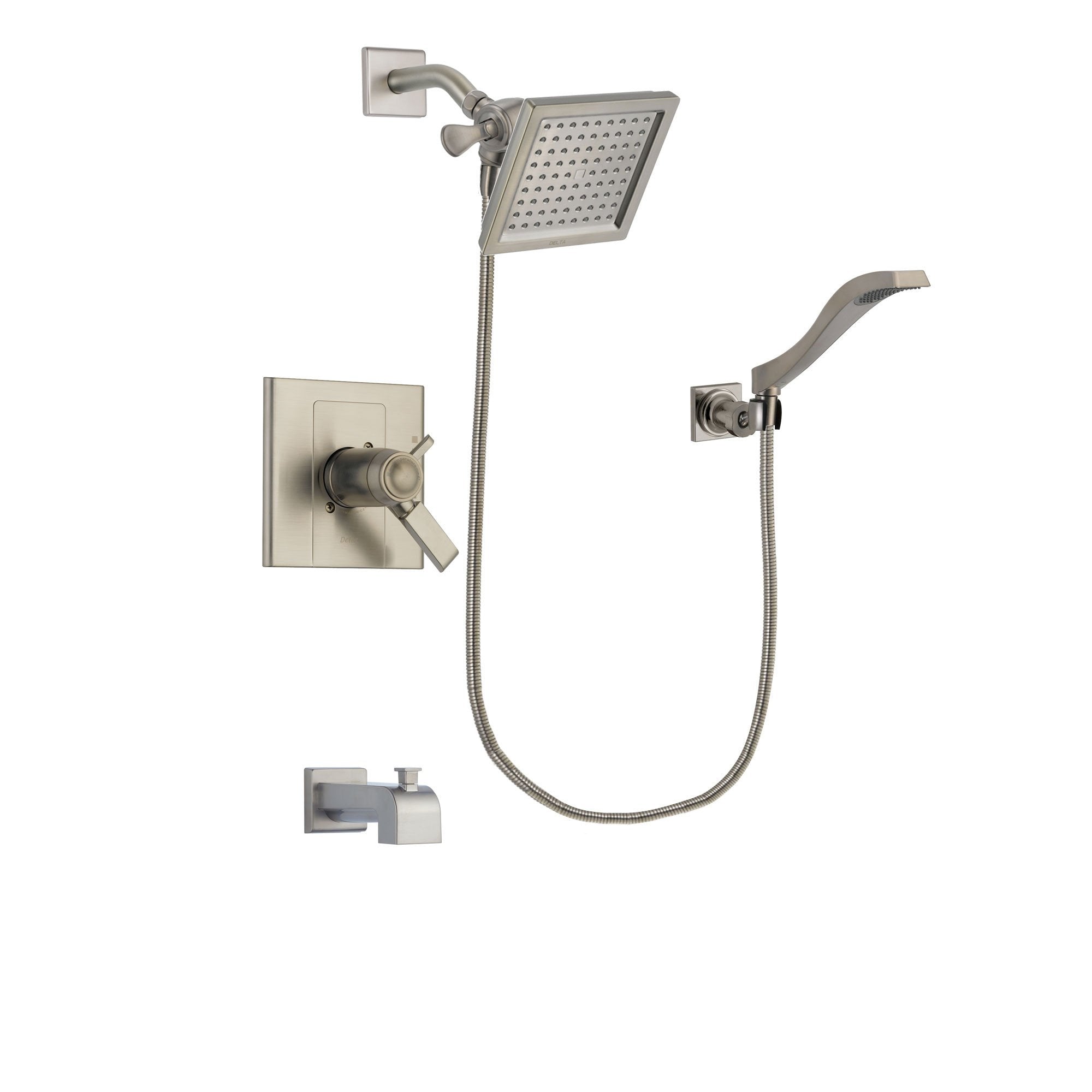 Delta Arzo Stainless Steel Finish Thermostatic Tub and Shower Faucet System Package with 6.5-inch Square Rain Showerhead and Modern Wall Mount Handheld Shower Spray Includes Rough-in Valve and Tub Spout DSP2079V