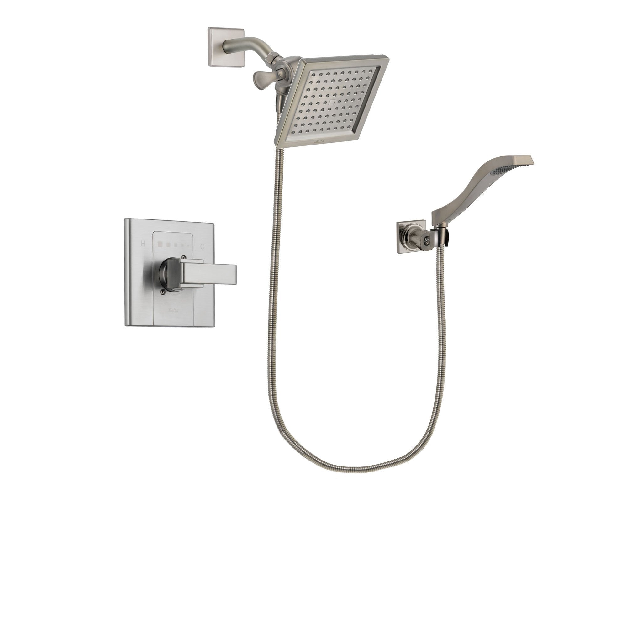 Delta Arzo Stainless Steel Finish Shower Faucet System Package with 6.5-inch Square Rain Showerhead and Modern Wall Mount Handheld Shower Spray Includes Rough-in Valve DSP2086V
