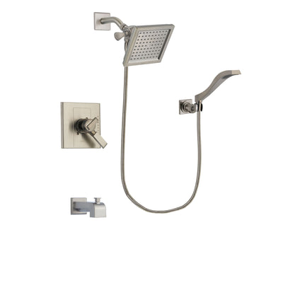Delta Arzo Stainless Steel Finish Dual Control Tub and Shower Faucet System Package with 6.5-inch Square Rain Showerhead and Modern Wall Mount Handheld Shower Spray Includes Rough-in Valve and Tub Spout DSP2091V
