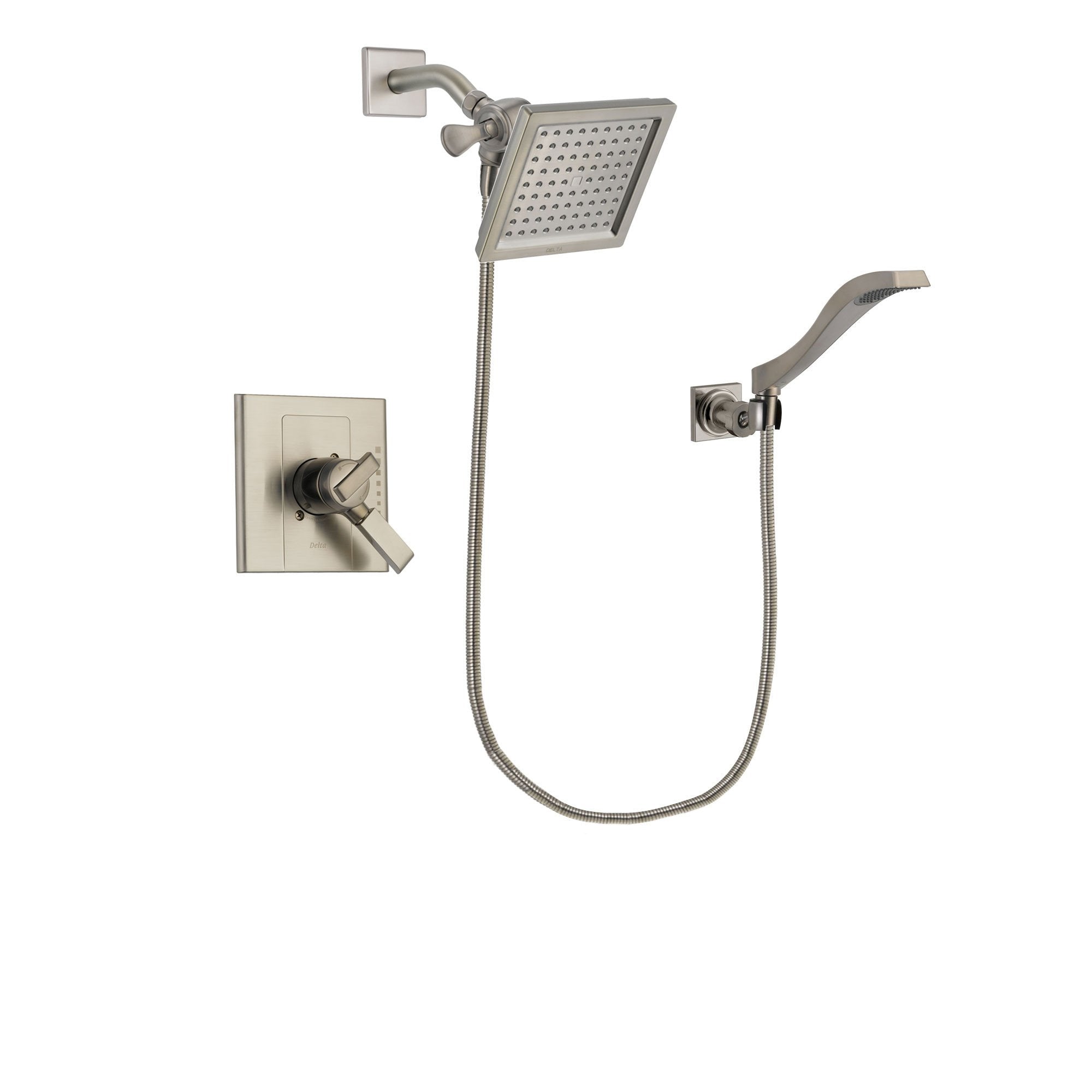 Delta Arzo Stainless Steel Finish Dual Control Shower Faucet System Package with 6.5-inch Square Rain Showerhead and Modern Wall Mount Handheld Shower Spray Includes Rough-in Valve DSP2092V