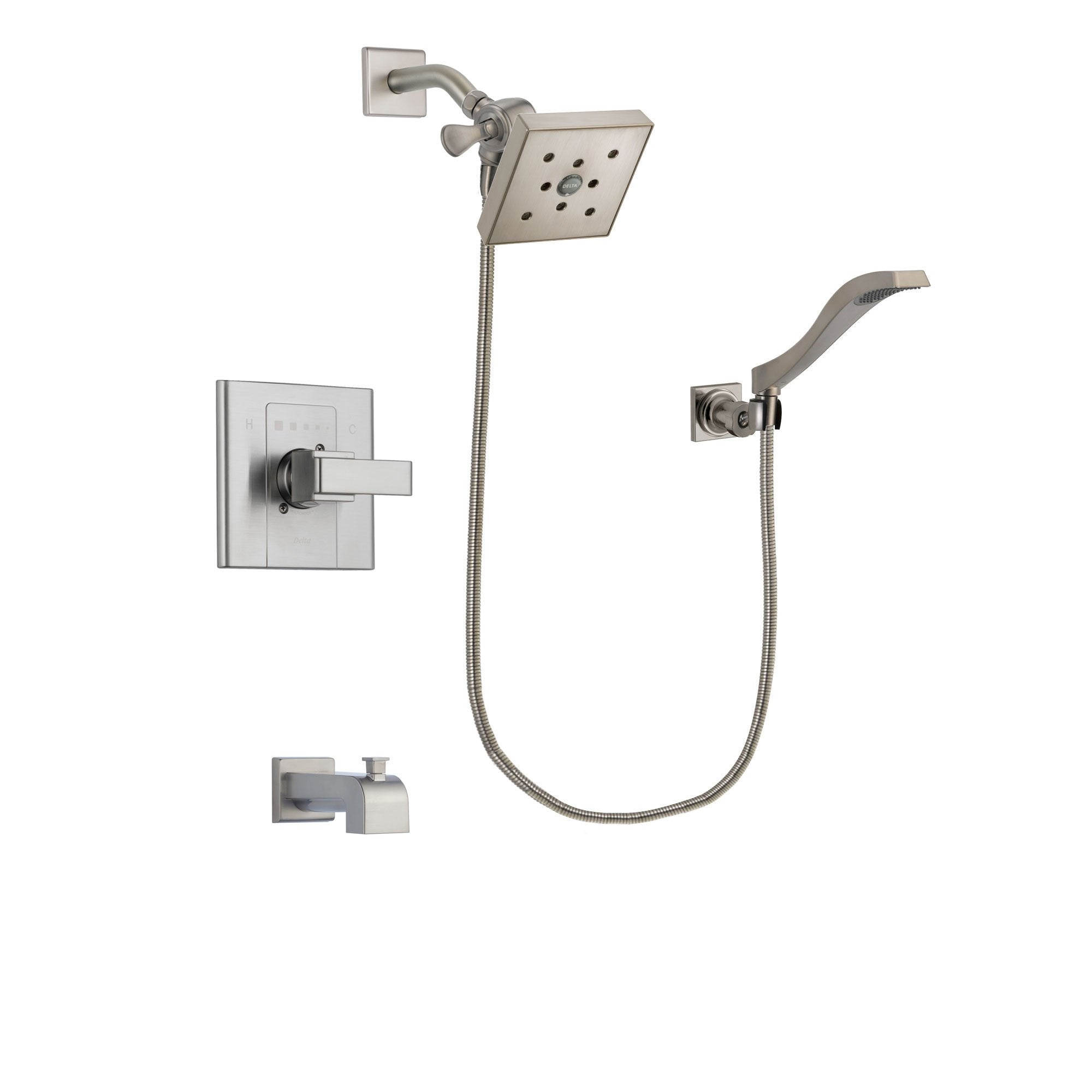 Delta Arzo Stainless Steel Finish Tub and Shower Faucet System Package with Square Shower Head and Modern Wall Mount Handheld Shower Spray Includes Rough-in Valve and Tub Spout DSP2103V