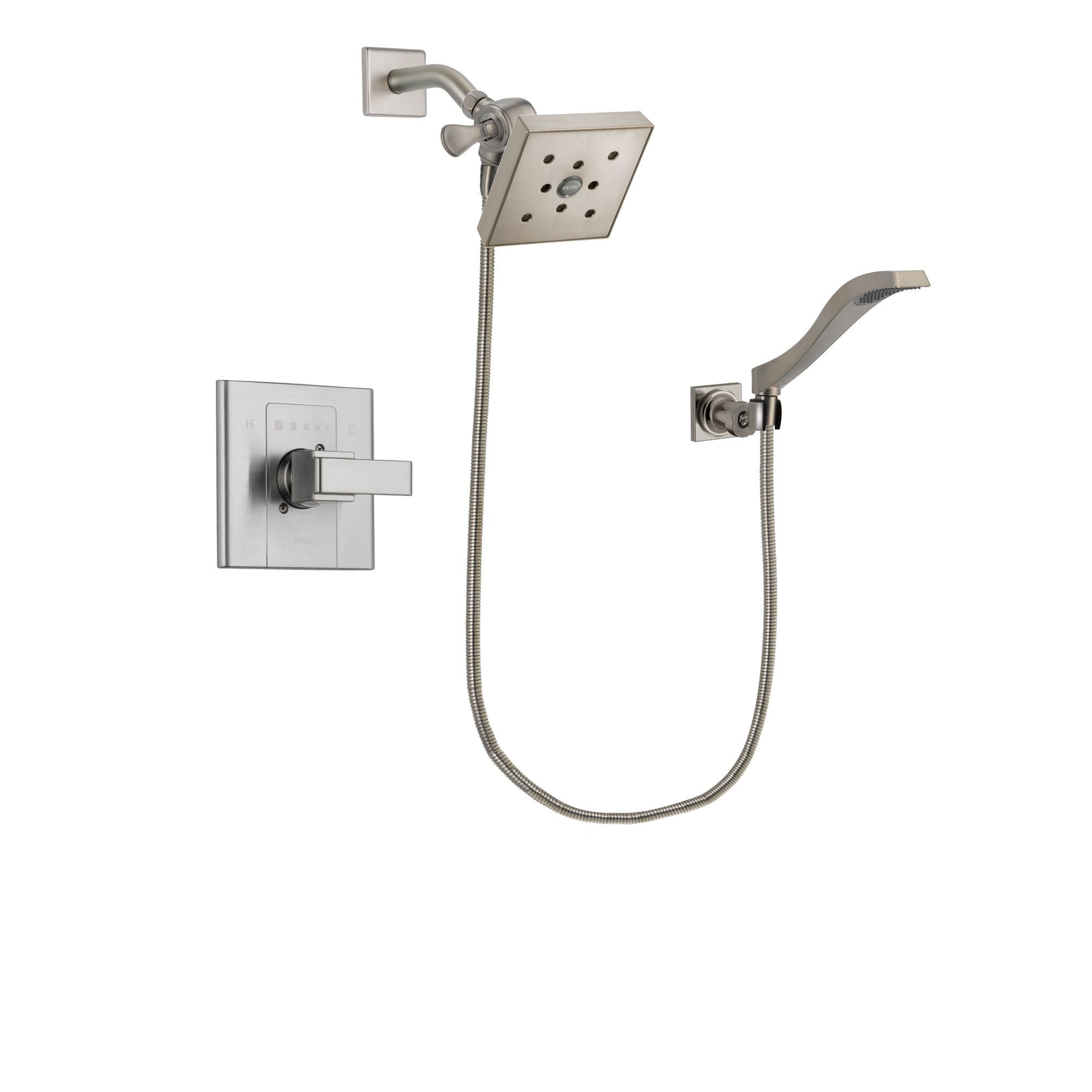 Delta Arzo Stainless Steel Finish Shower Faucet System Package with Square Shower Head and Modern Wall Mount Handheld Shower Spray Includes Rough-in Valve DSP2104V