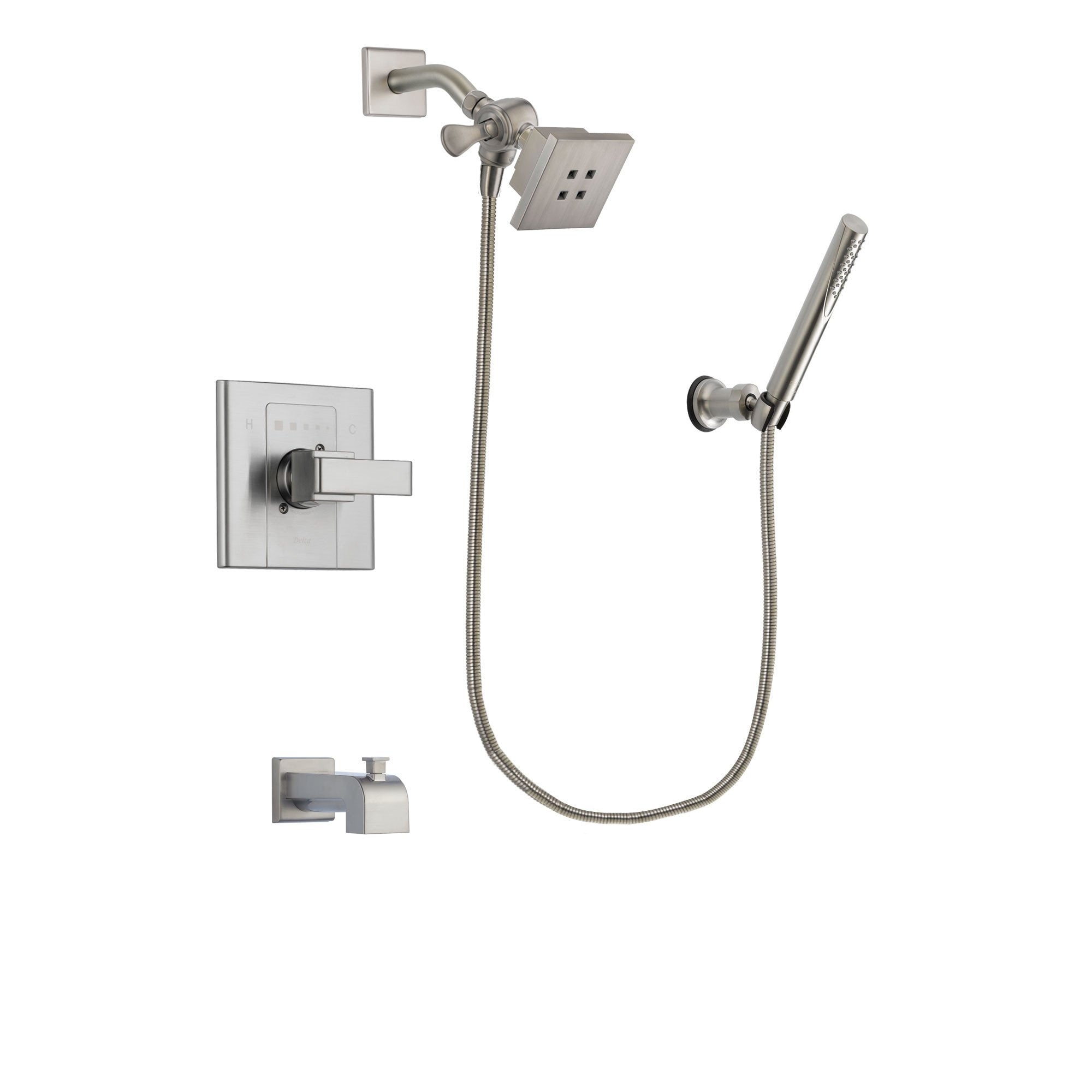 Delta Arzo Stainless Steel Finish Tub and Shower Faucet System Package with Square Showerhead and Modern Handheld Shower Spray Includes Rough-in Valve and Tub Spout DSP2121V